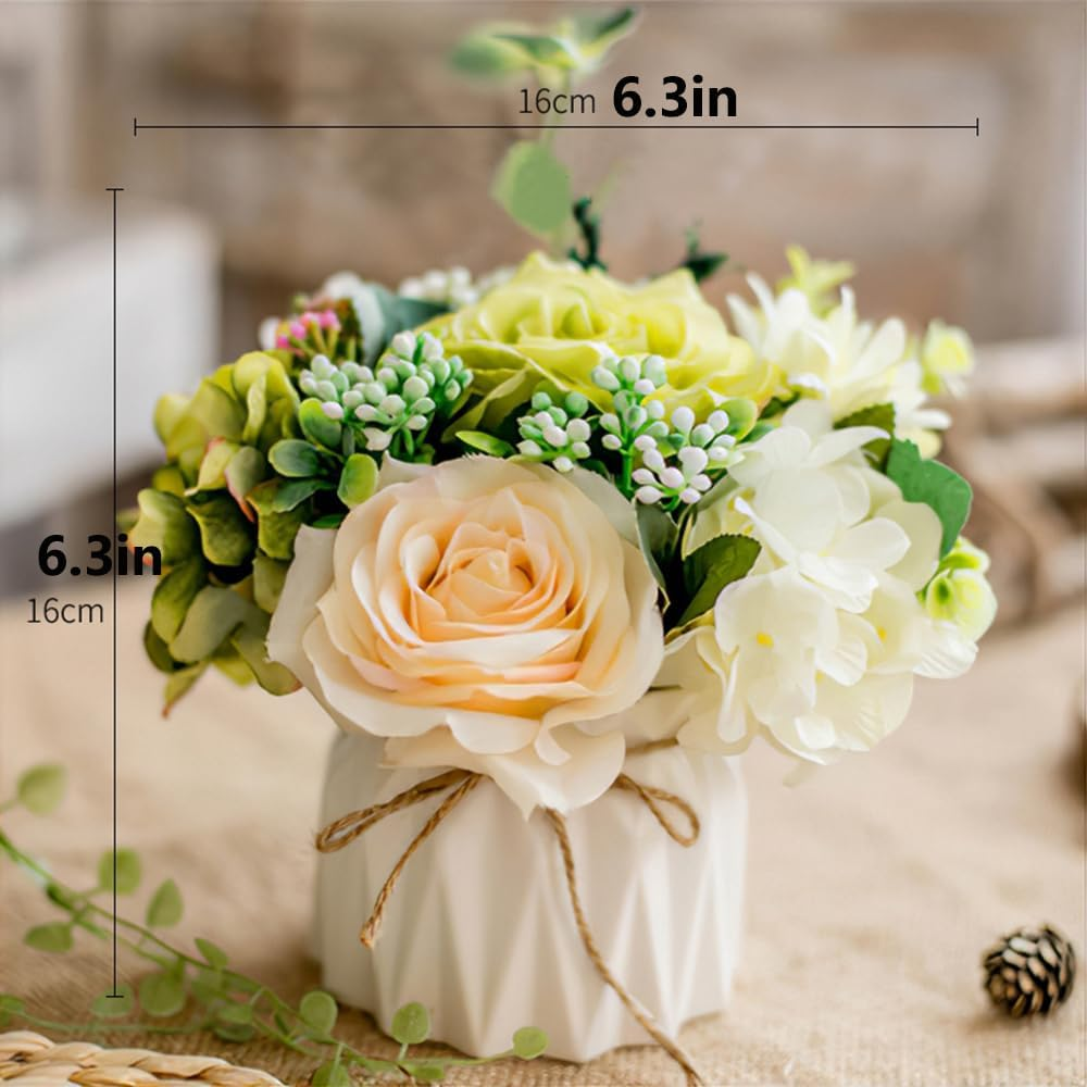 Hbluefat Small Artificial Flowers with Vase,Hydrangea Silk Roses Faux Flower in Ceramic Vase,Faux Flower Arrangement with Vase Suitable for Home Office Decoration,Dining Table Centerpiece (Vitality) - Green Daisy image number 5