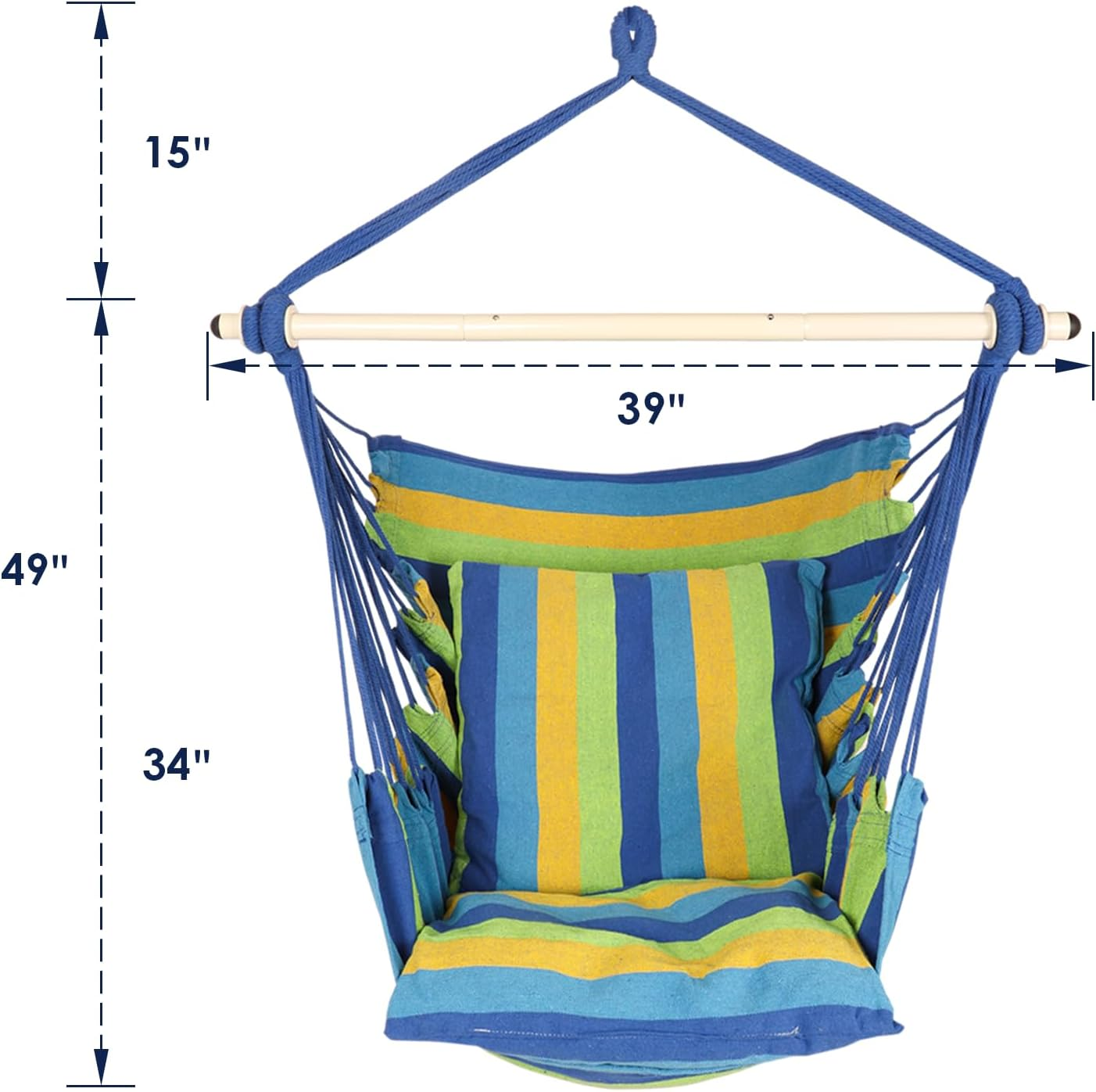 Highwild Hammock Chair Hanging Rope Swing - Max 500 Lbs - 2 Cushions Included - Steel Spreader Bar with Anti-Slip Rings - for Any Indoor or Outdoor Spaces (Blue Striped) - C- Cushions Included-Grey image number 4