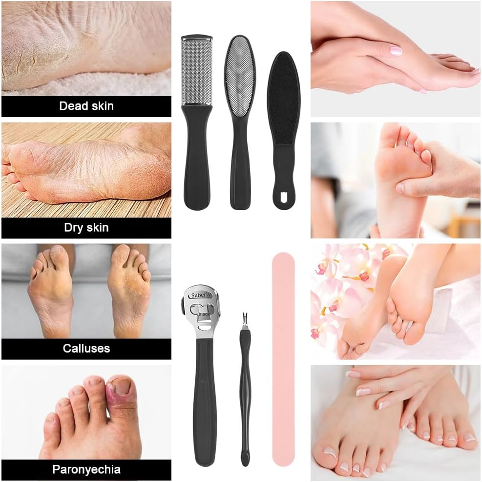 Alaoo Stainless Steel Callus Slicer, 30-In-1 Professional Pedicure Foot Care Set, Foot Scraper Razor, Dead Skin Remover with 10 Replacement Blades for Foot Care Pedicure (Black) - Black image number 6