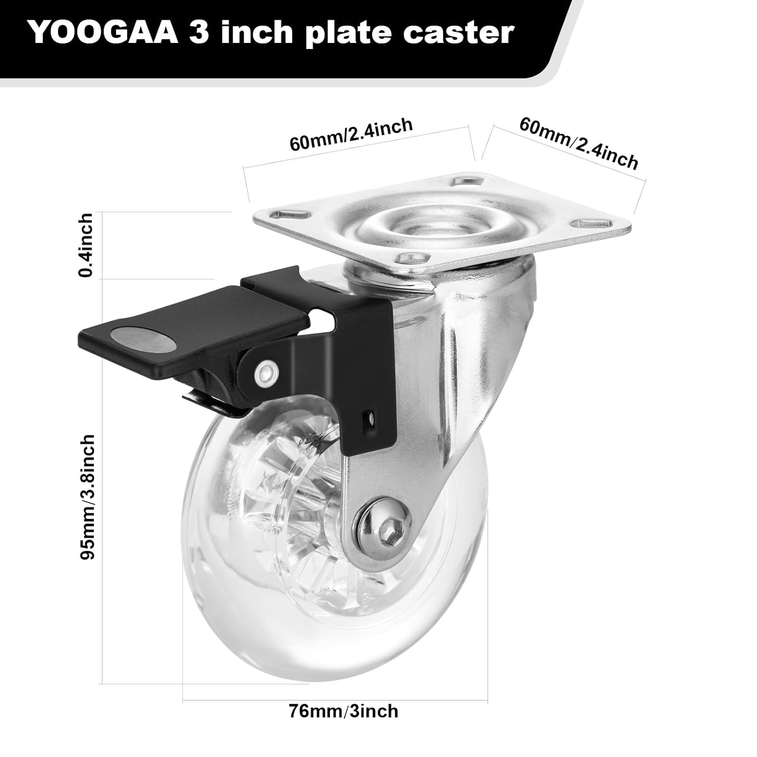 Clear Caster Wheels 75 Mm Casters Set of 4 Heavy Duty, Locking Industrial Casters with 360 Degree No Noise Transparent Polyurethane Wheels, Swivel Plate Casters with Brake - Pack of 4 image number 5