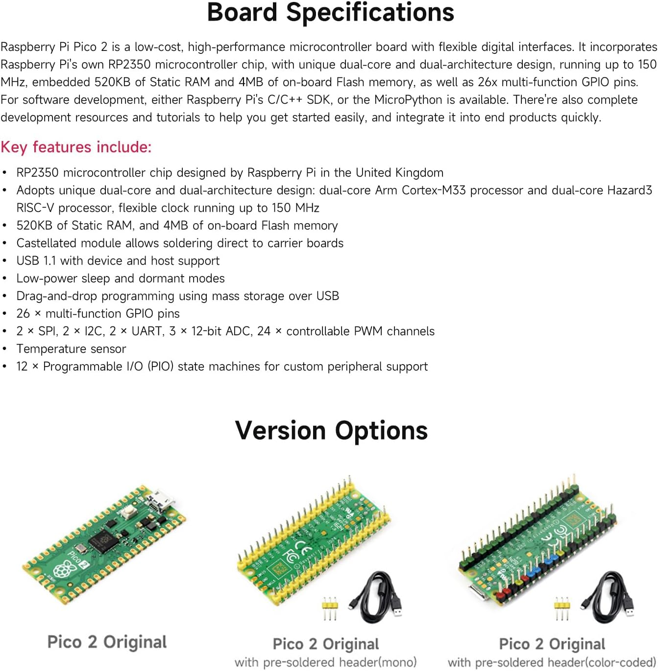 Waveshare Raspberry-Pi-Pico-2-M, Compatible with Raspberry Pi Pico 2 Microcontroller Board, Based on Official RP2350 Chip, Dual-Core & Dual-Architecture Design, 3 Items,Yellow Needle Arrangement image number 4