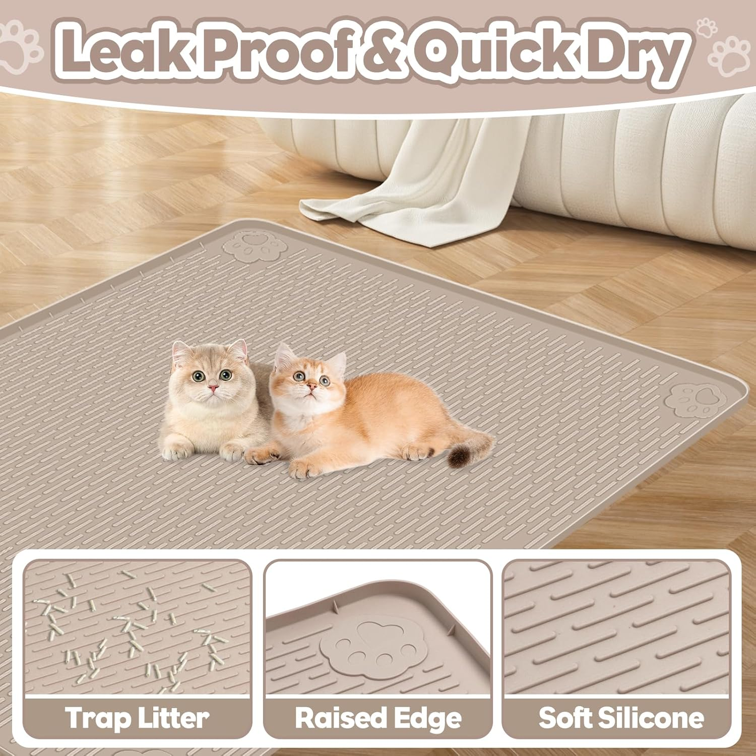 Bartuke Cat Litter Mat, Extra Large 40" X 28" Silicone Mat Litter Trapping Mat for Scatter Control, Soft on Kitty Paws, Easy to Clean (Khaki image number 2