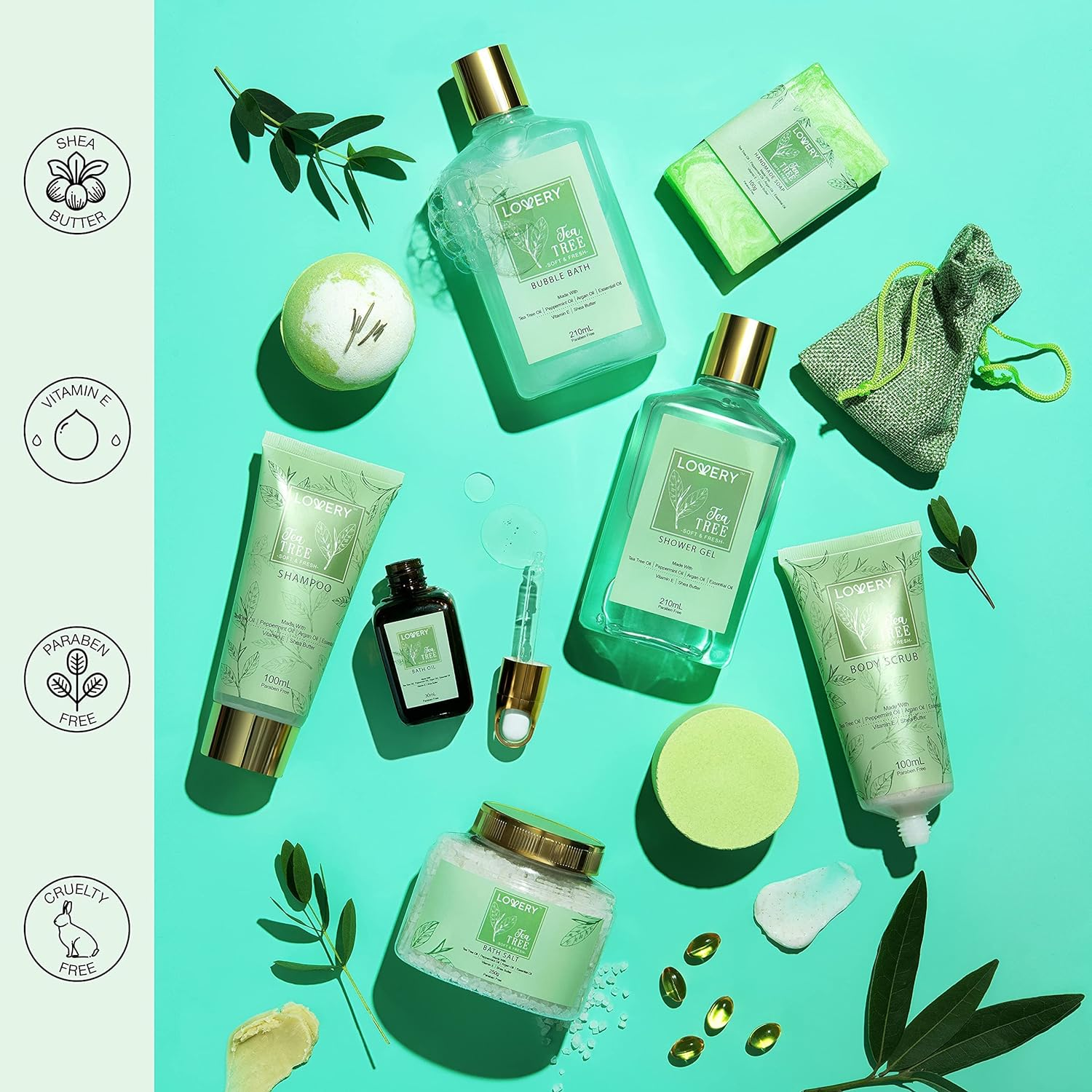 Tea Tree Bath Set - Luxury Home Spa Set with Calming Mint Fragrance &ndash; 15 Pc Relaxation Gift Basket with Tea Tree Bath Oil,Shower Gel, Bubble Bath, Handmade Soap, Steamer Tablet, Potpourri & More image number 1
