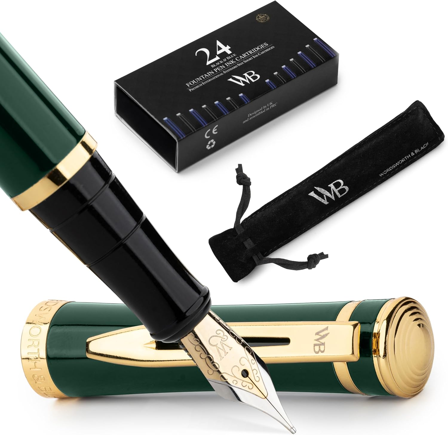 Wordsworth & Black Fountain Pen Set, 18K Gilded Medium Nib, Includes 24 Pack Ink Cartridges, Ink Refill Converter & Gift Pouch, Gold Finish, Calligraphy, [Racing Green Gold], Perfect for Men & Women