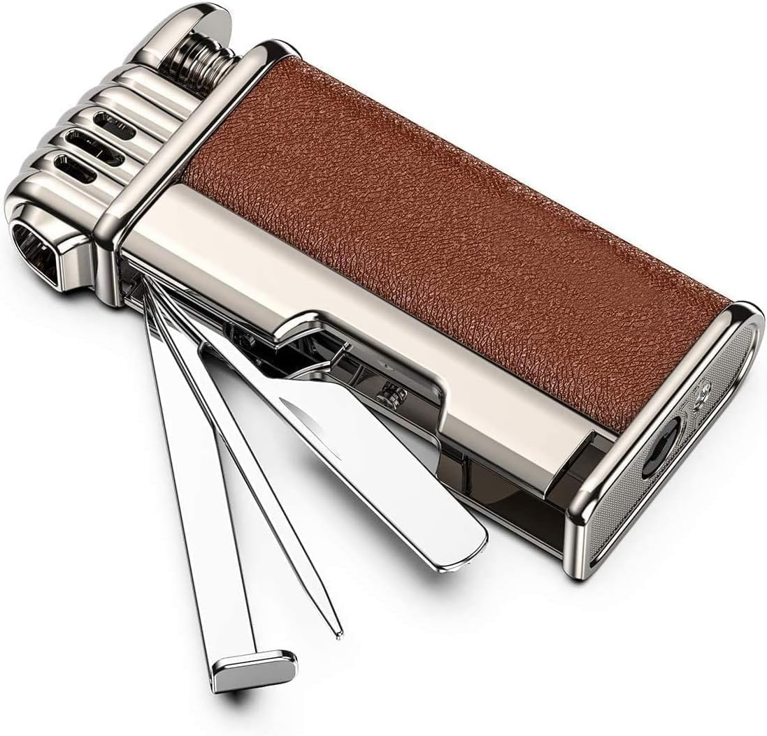 Windproof Cigar Lighter with Metal Tools Angled Soft Flame Butane Gas Refillable Lighters Gift Set for Men (Sold without Gas) image number 1