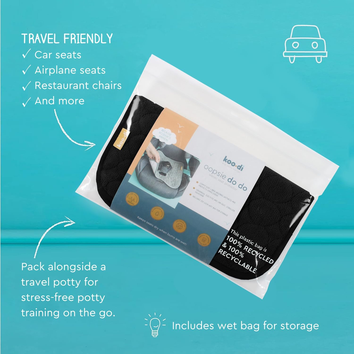 Koo-Di Oopsie Do Do Baby Car Seat Protector & Pushchair Liner, Waterproof Absorbent Seat Pad for Potty Training, Toddler Accidents, Child Travel Comfort &ndash; Black image number 4