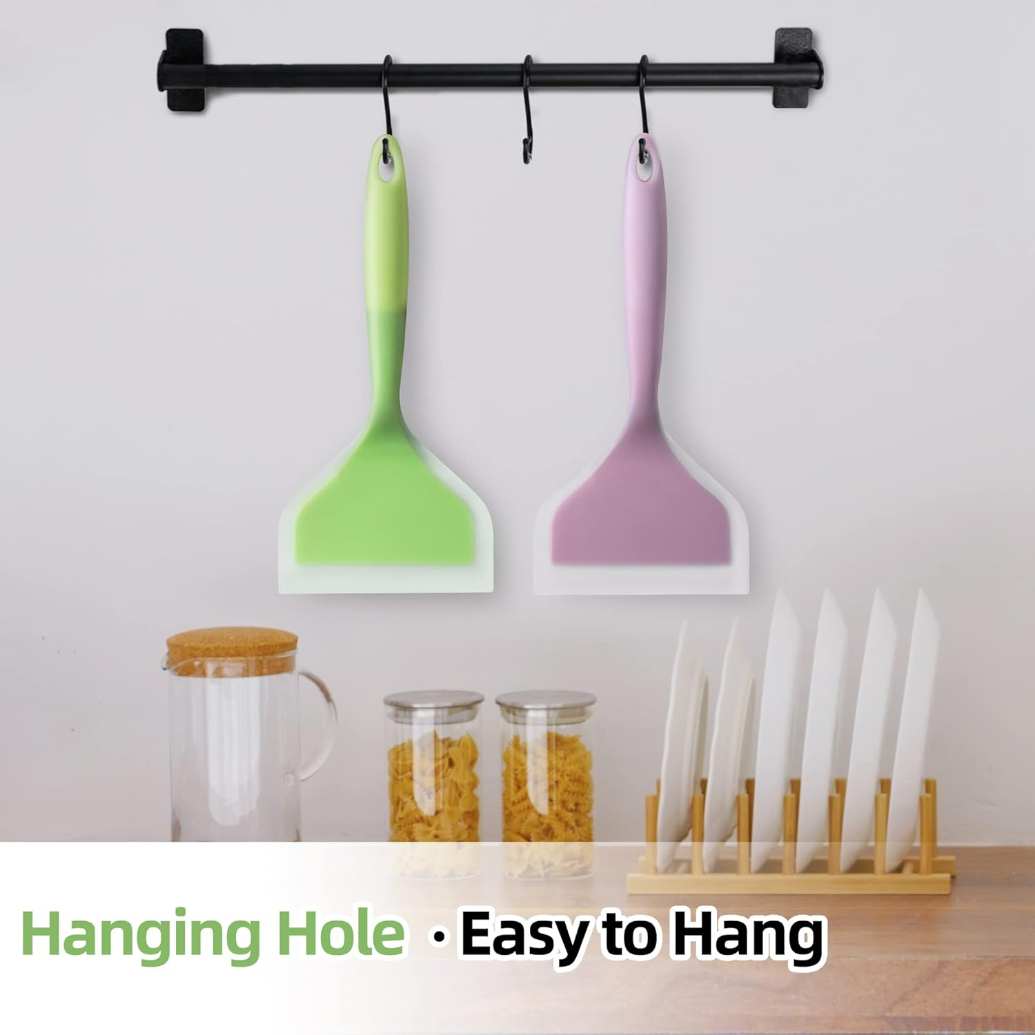 2 Pack Silicone Pancakes Spatula,Wide Pancakes Spatula Turner for Eggs Fish Pizza and Steak Shovel Omelette Spatulas for Nonstick Cookware,Heat Resistant Kitchen Flipper Spatulas for Cooking (GP) - Green And Pink image number 4