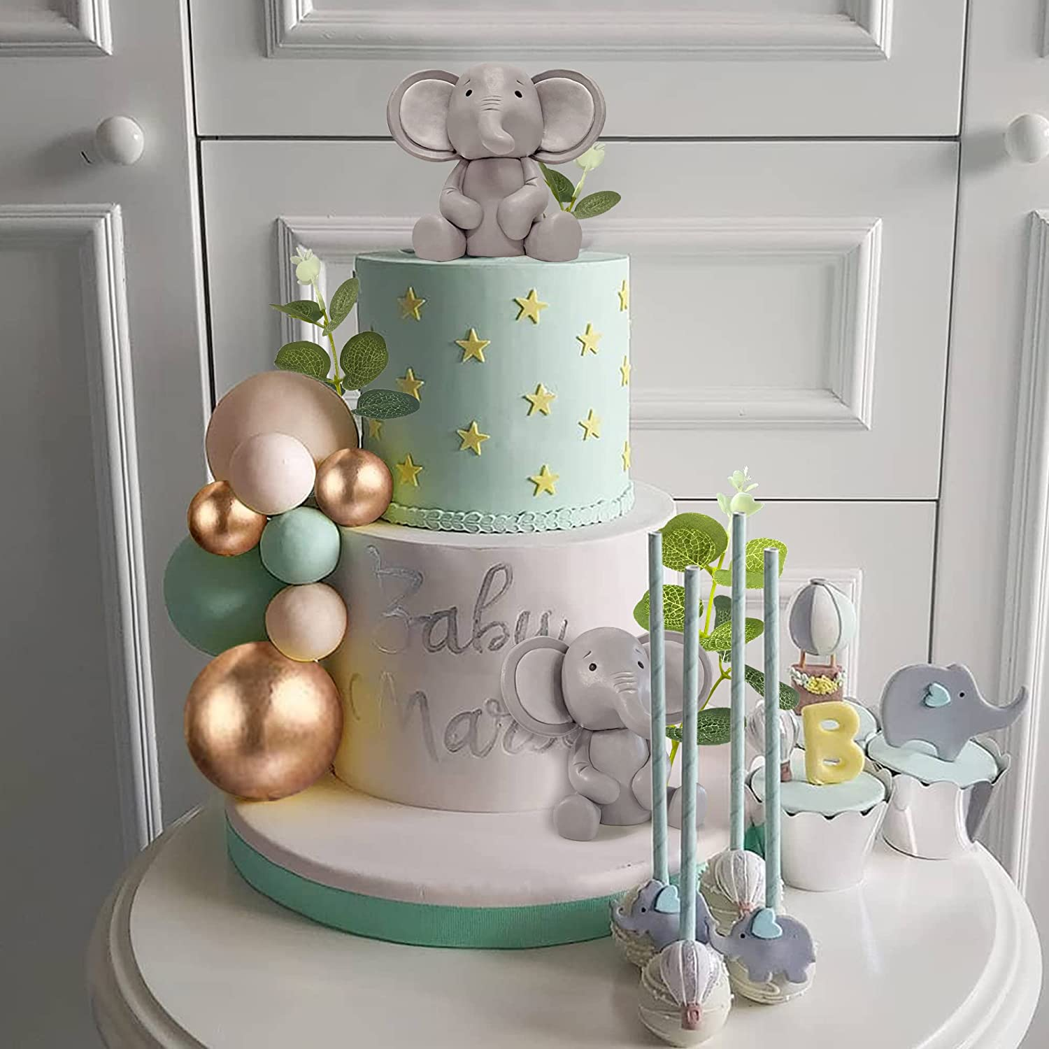26 PCS Elephant Cake Decoration Cute Baby Elephant Cake Decorations Pearl Balls Cake Picks Eucalyptus Leaves Decoration Elephant Baby Shower Cake Decoration