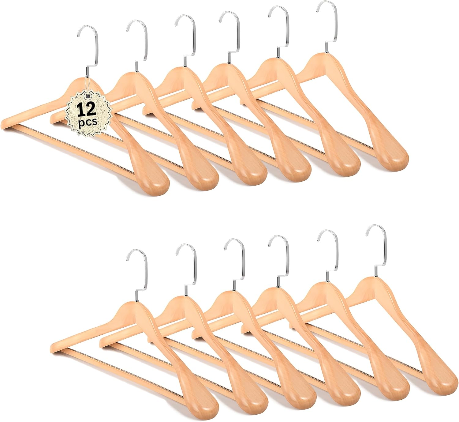 Wide Shoulder Wooden Suit Coat Hangers, 12 Pack Heavy Duty Wood Clothes Hangers with Non-Slip Bars, Smooth Finish and 360&deg; Swivel Hooks for Suit,Coat,Jacket,Pants (4) image number 3