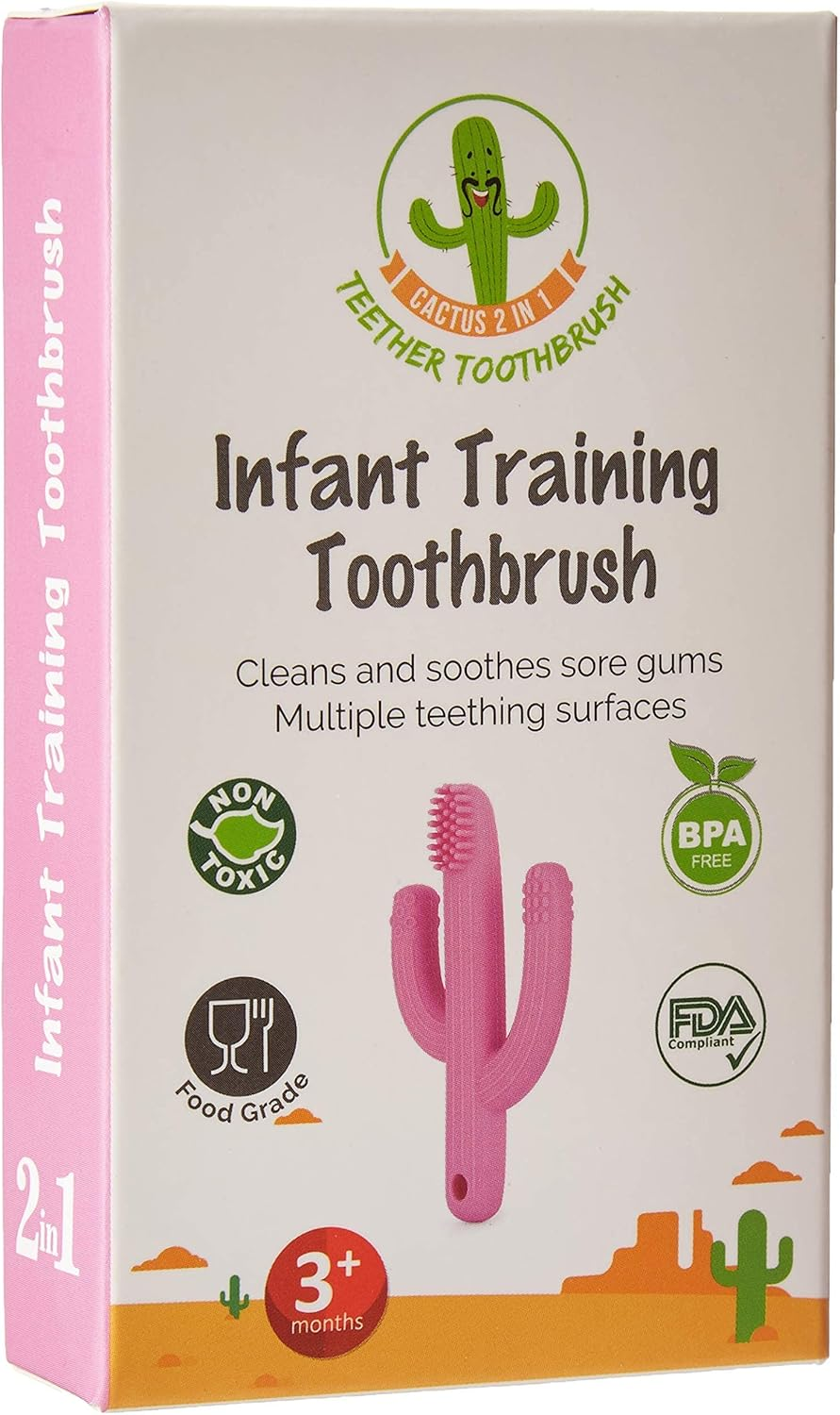 Pickle & Olive Baby Cactus Teether Toy- Infant Training Toothbrush, with Soother/Binky/Pacifier/Dummy Chain Holder/Strap (Pink) image number 1
