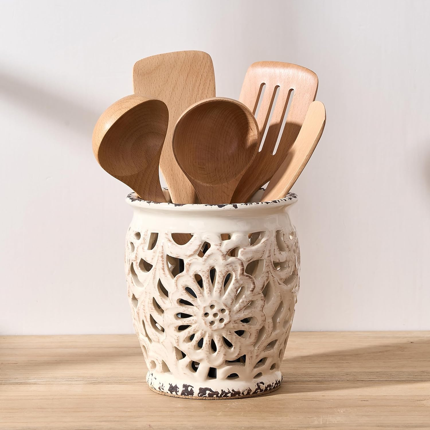 Farmhouse Kitchen Utensil Holder for Kitchen Counter, Ceramic Large Cooking Utensil Crock with Cork Mat, Countertop Cooking Tool Spatula Organizer, Antique Grayish Blue