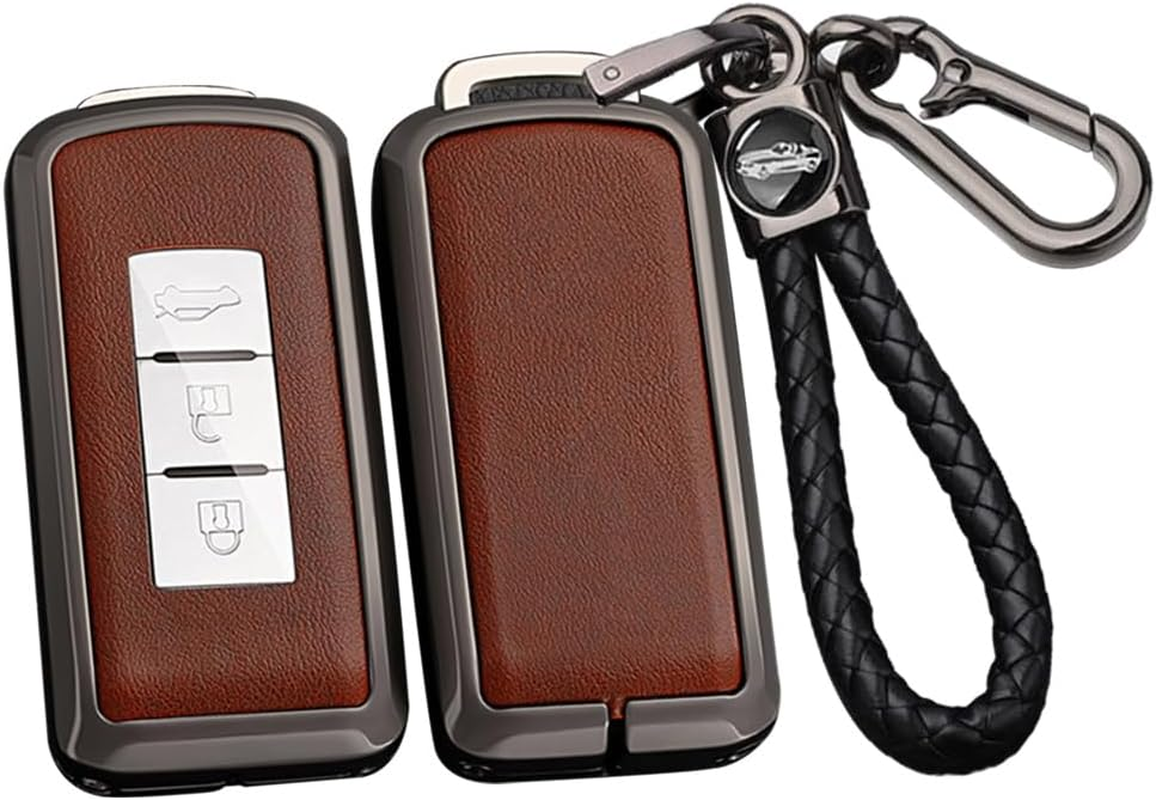 Ontto Alloy Car Key Fob Cover Fit for Mitsubishi L200 ASX Outlander Eclipse Cross Pajero Sport Lancer Xpander Triton Mirage Leather Key Case Shell Key Holder Keyring Keychain Accessories Black-Brown