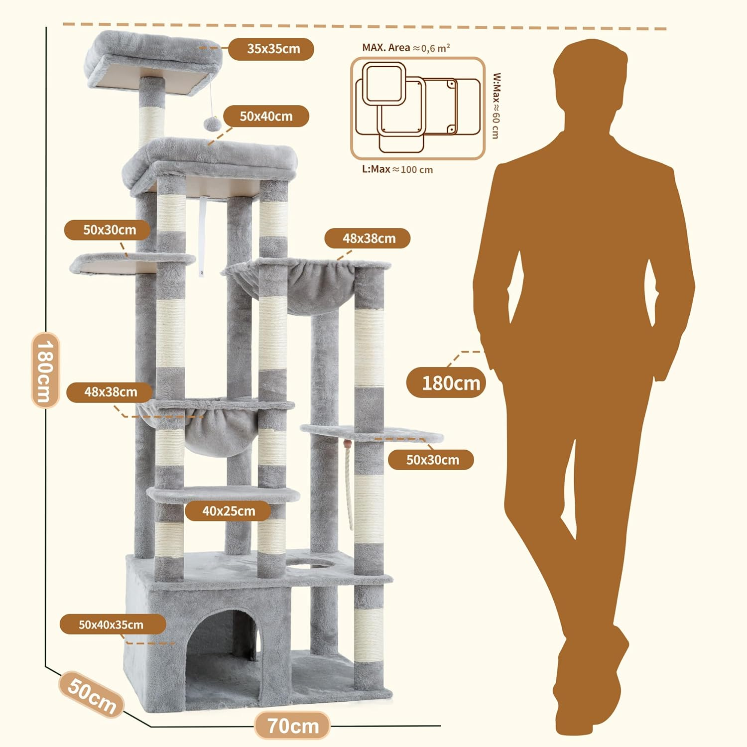 Heybly Cat Tree, 180Cm Tall Cat Tower for Large Maine Coon Cats with Extra-Large Baseboard, Cat Condo Furniture with Multi-Level Platforms, 2 Hammocks and 12 Scratching Posts, Light Gray HCT037W image number 4