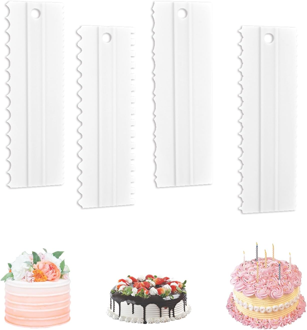 EKIND Cake Scraper Set Double Sided Icing Smoother Long Edge Buttercream Spatula Comb for Decorating Mousse Pastry Tools Baking Supplies(4 Pcs White) image number 1