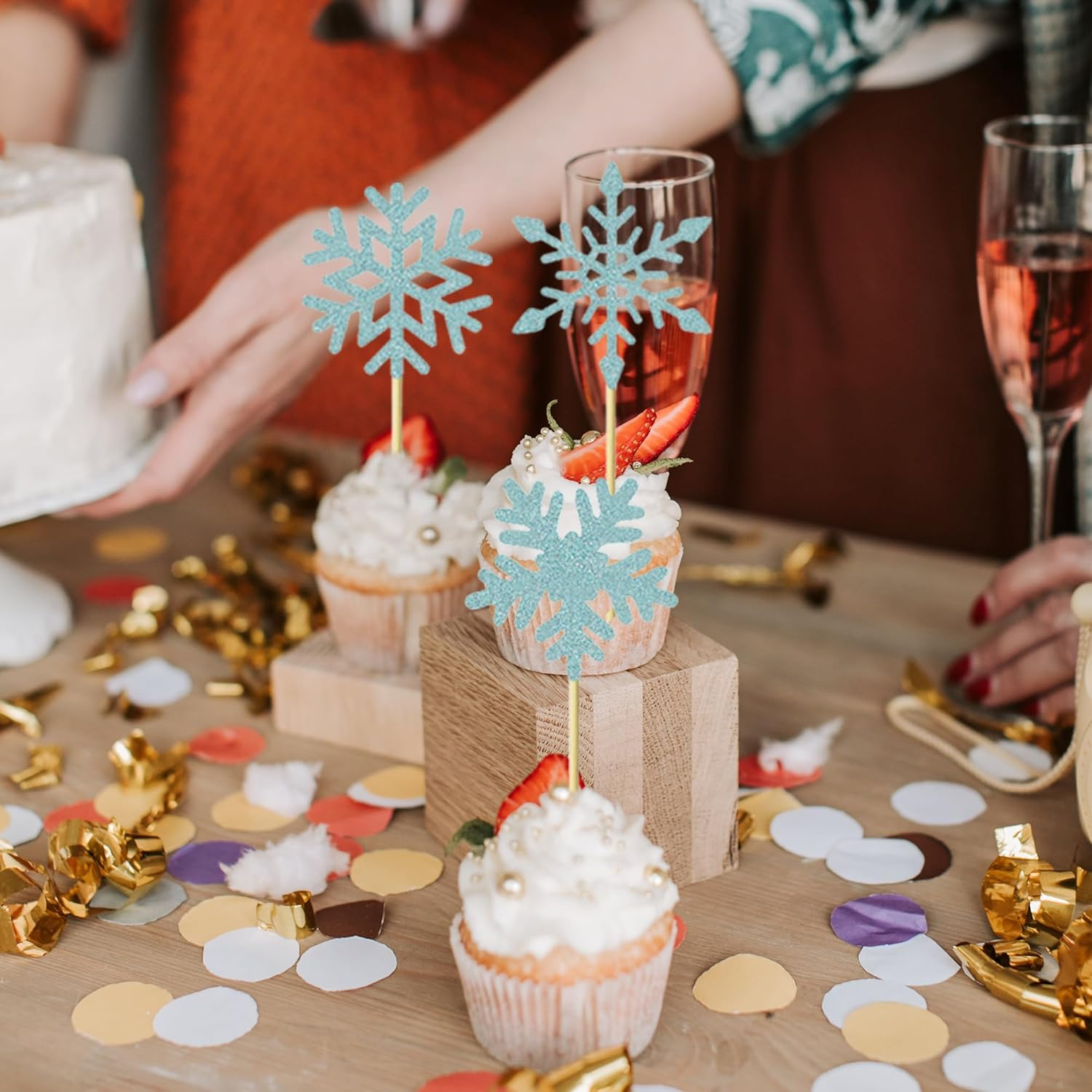 24Pcs Snowflake Cupcake Toppers Blue Glitter Winter Frozen Theme Snowflake Cupcake Picks Baby Shower Kids Birthday Christmas Party Cake Decorations Supplies image number 3