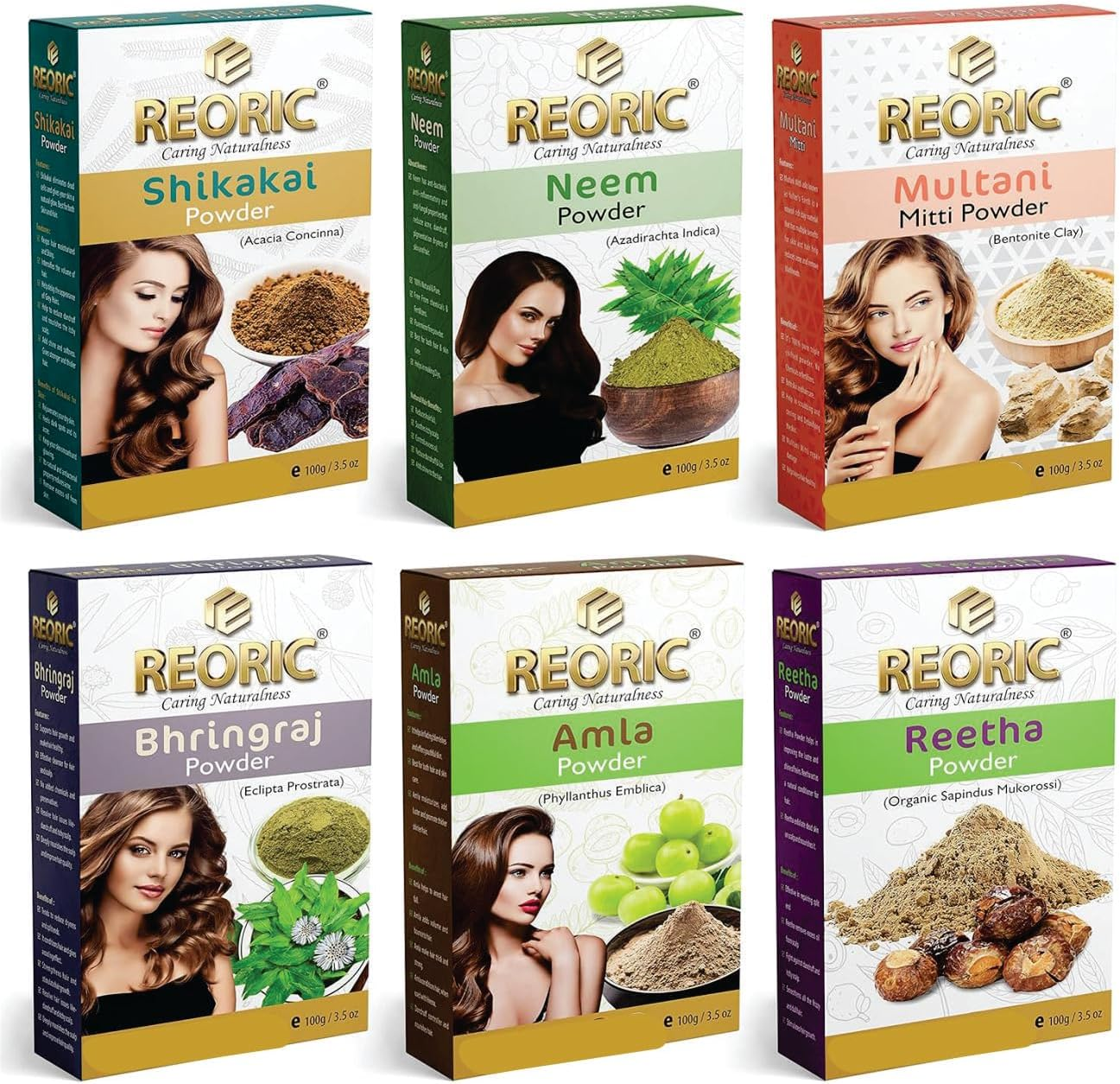 Reoric Amla Reetha Shikakai Bhringraj Neem Multani Mitti Powder|Ritha Powder|Amla Powder |Shikakai Powder |Bhringraj Powder |Neem Powder|Multani Mitti Powder |Combo of Hair Powder(600G, Pack of 6) image number 5