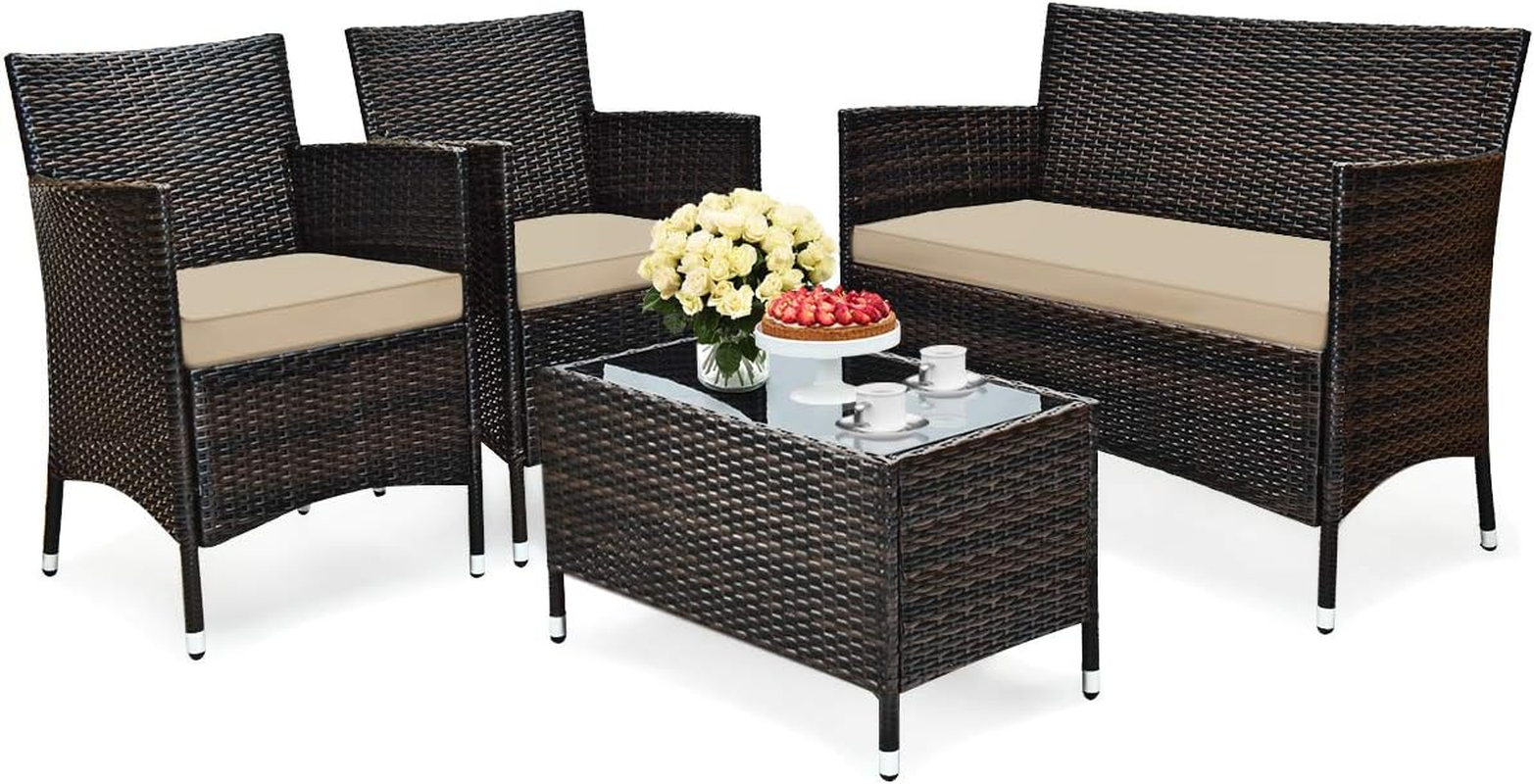 Costway 4 Pieces Outdoor Patio Furniture Set, PE Rattan Wicker Conversation Set with Tempered Glass Coffee Table and Cushions, Outdoor Sectional Sofa Set for Garden, Poolside and Backyard image number 1