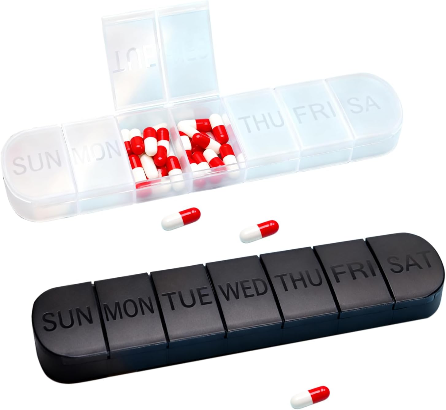 2-Piece 7 Day Pill Box (Black + White); a Convenient and Classified Daily Medicine Organiser,Pill Organiser / 7 Day Pill Box/Medicine Storage Box