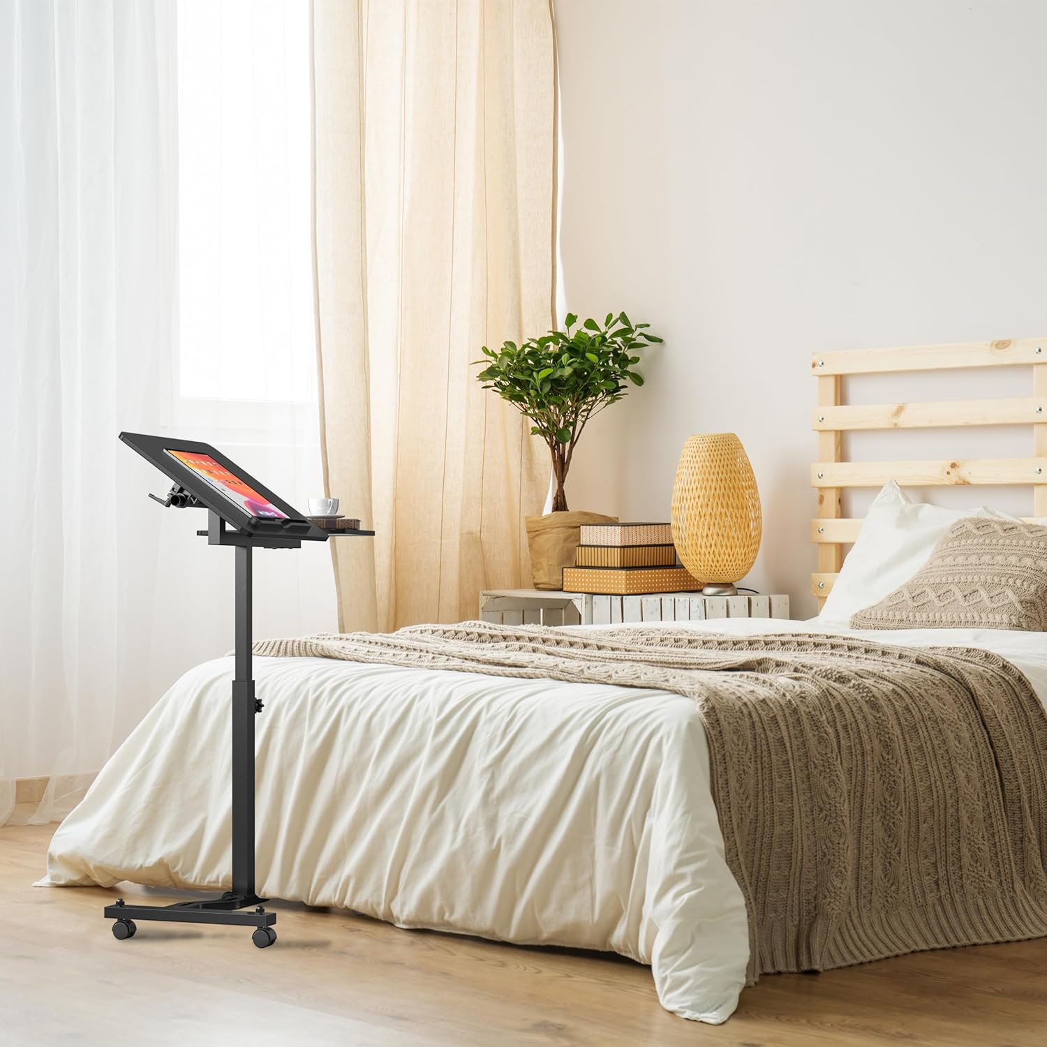 SHW Height Adjustable Tim Rolling Laptop Cart with Tilting Desktop and Side Shelf, 73 to 103.9 Cm, Black image number 5