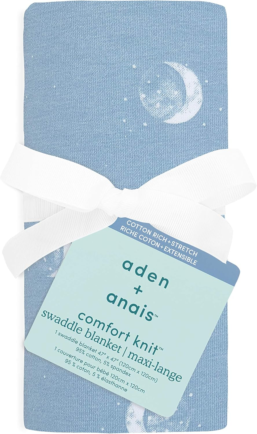 Aden + Anais Comfort Knit Baby Swaddle Blanket for Newborn Girl and Boy, Super Soft Cotton with Spandex, Versatile Stroller Cover, Burp Cloth, Nursing Shield, 47 X 47 Inch, Blue Moon image number 4