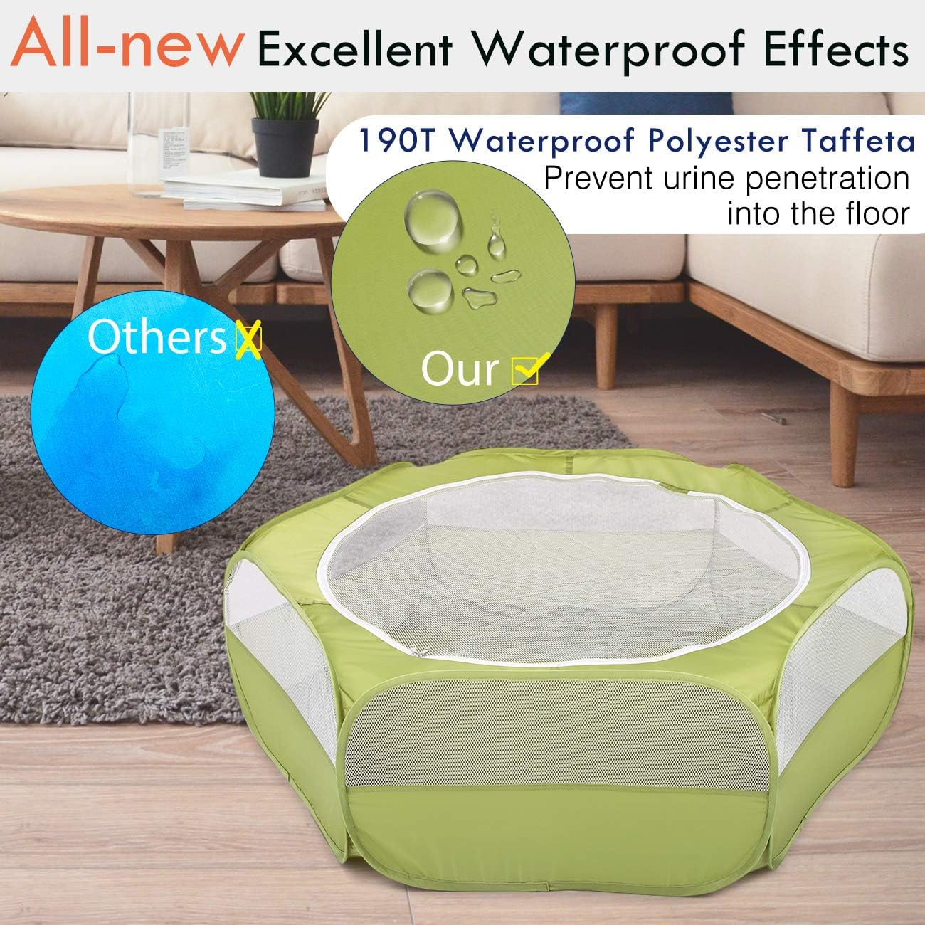 PAWABOO Small Animals Playpen, Breathable & Waterproof Small Pet Cage Tent with Zippered Cover, Portable Outdoor Yard Fence for Kitten/Puppy/Guinea Pig/Rabbits/Hamster/Chinchillas, Avocado Green image number 4