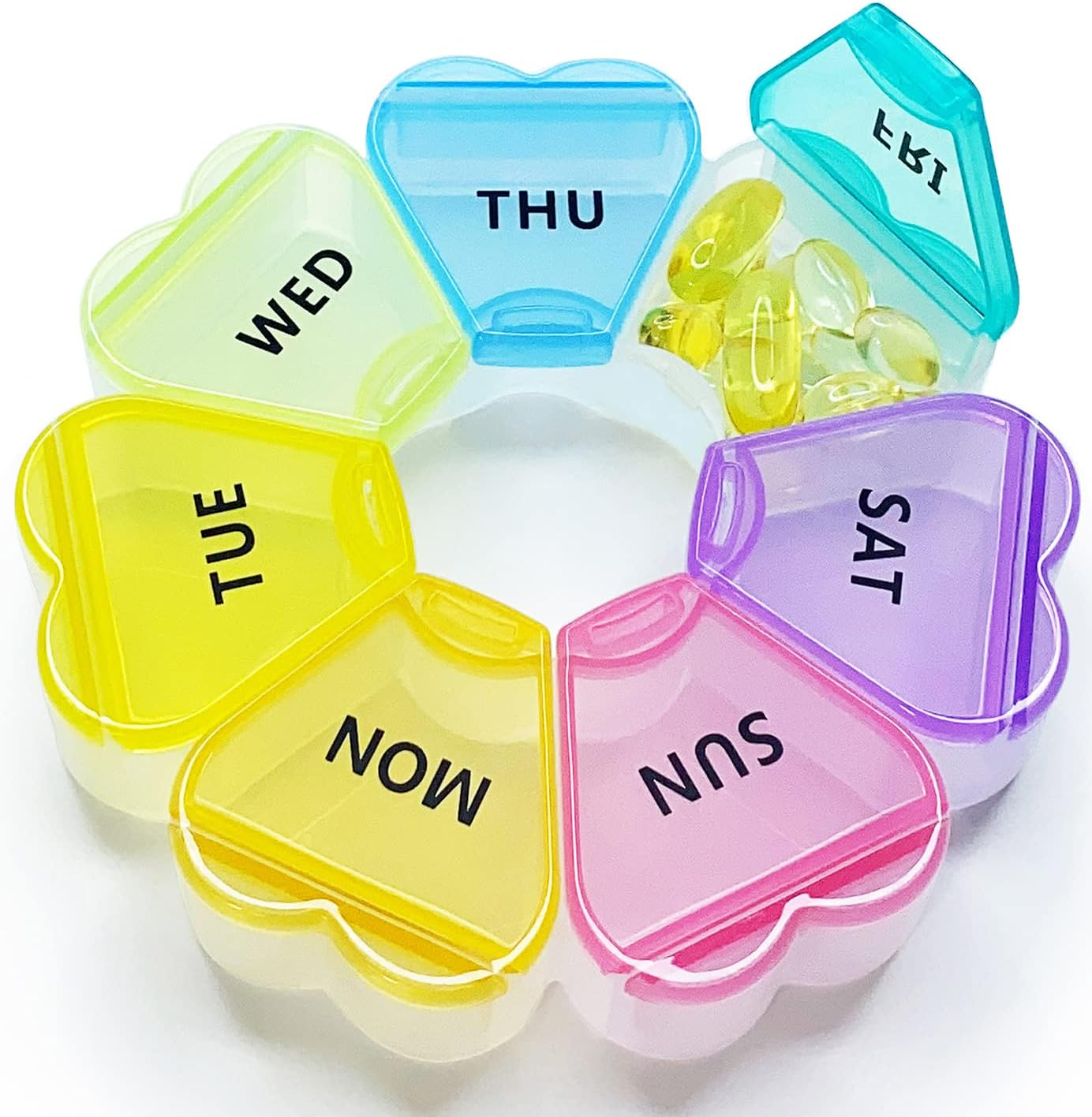 MOLN HYMY Cute Weekly Pill Box 7 Day, round Floral Pill Case Organizer 1 Time a Day, Rainbow Pill Container Once Daily, Large Medicine Dispenser for Vitamin/Fish Oil/Medication/Supplements