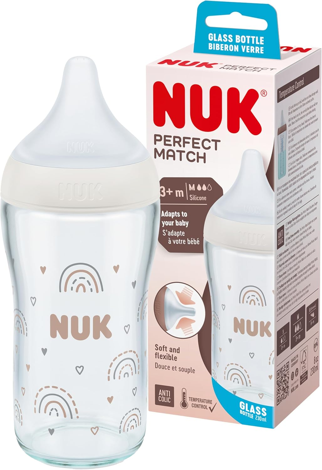 NUK Perfect Match Baby Bottle | 3+ Months | Adapts to Baby'S Palate | Temperature Control | anti Colic Vent | 230 Ml | Bpa-Free | Medium Silicone Teat | Glass Bottle | Rainbow image number 1