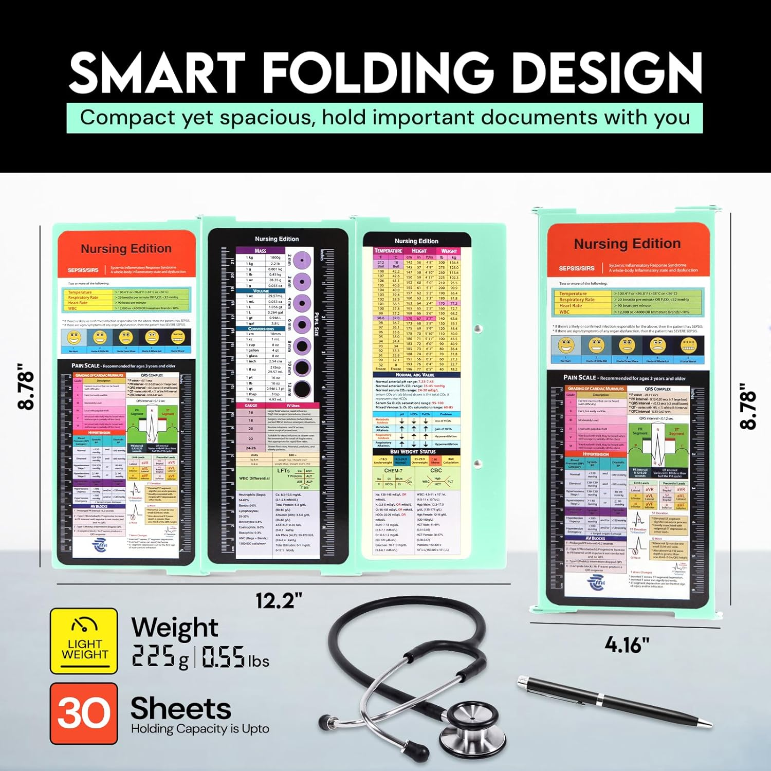 Nursing Clipboard with Nursing and Medical Edition Cheat Sheets 3 Layers Aluminum Foldable Nurse Clip Boards Notepad for Students, Nurses and Doctors (Mint)