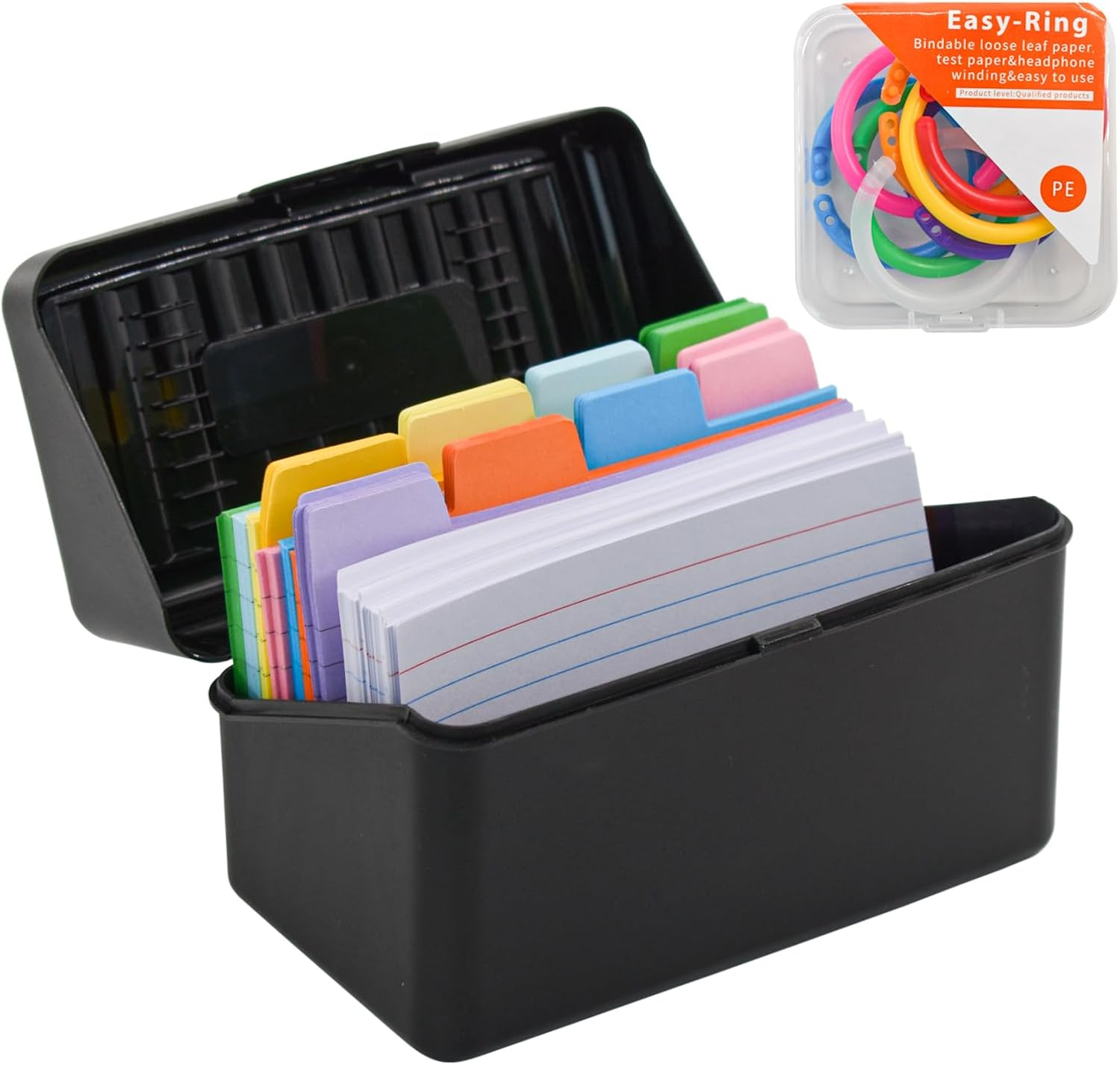 VANRA Index Card Holder 3X5 Flash Card Organizer Case 300 Colored Index Cards Bulk Blank Note Cards with Ring (Black)