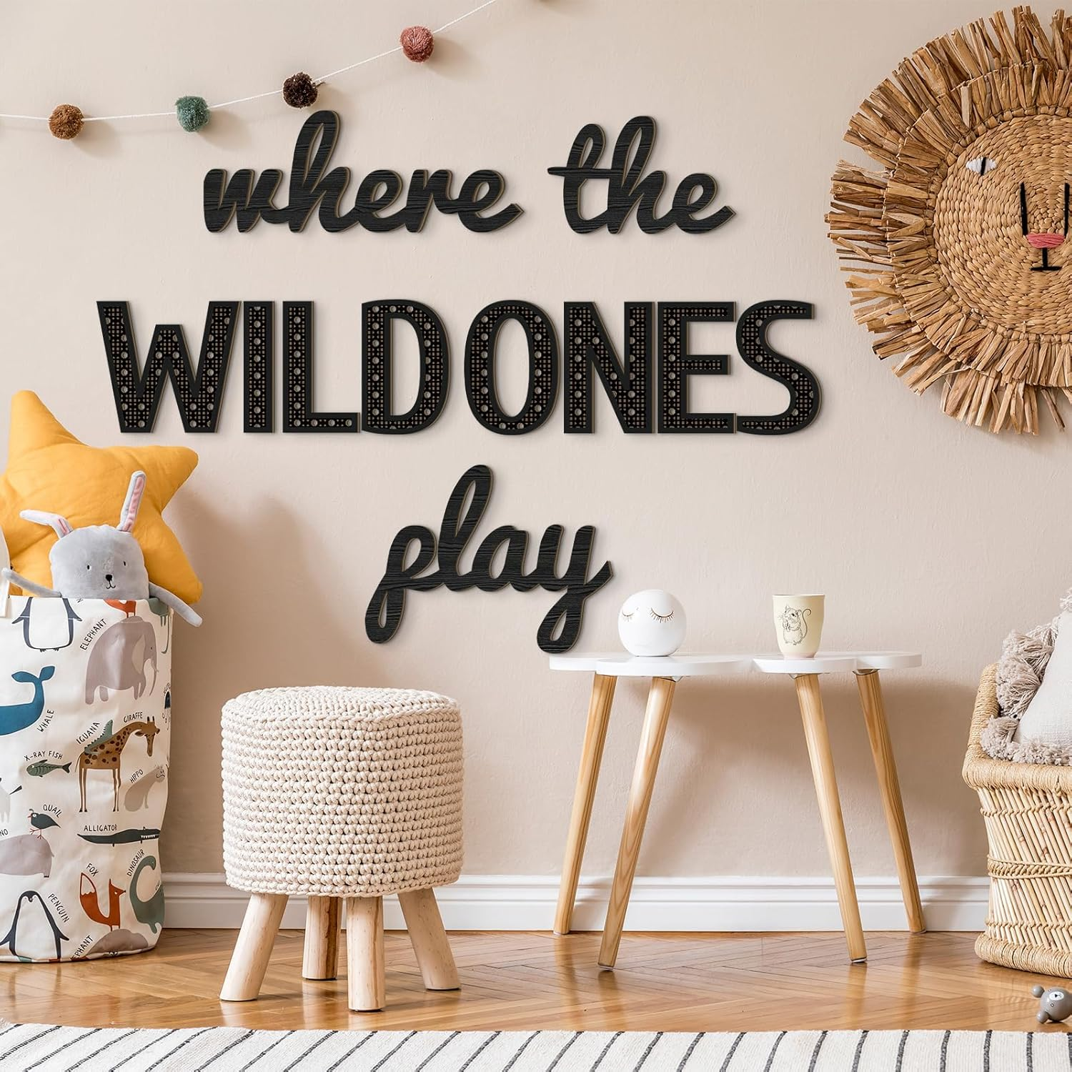 Beeveer Where the Wild Ones Play Nursery Sign Wooden Playroom Wall Decor Playroom Decoration Word Play Sign for Wall Plaques(23 Inch,Black) image number 4