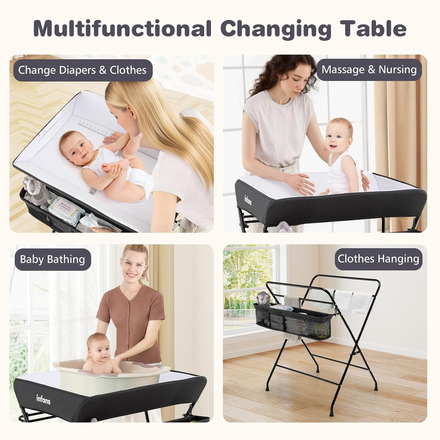 INFANS Baby Changing Table with Wheels, Portable Folding Diaper Station Nursery Organizer with Storage Basket, Hanging Rack, Adjustable Height, Safety Belt for Newborn Infant (Black) - Gray image number 3