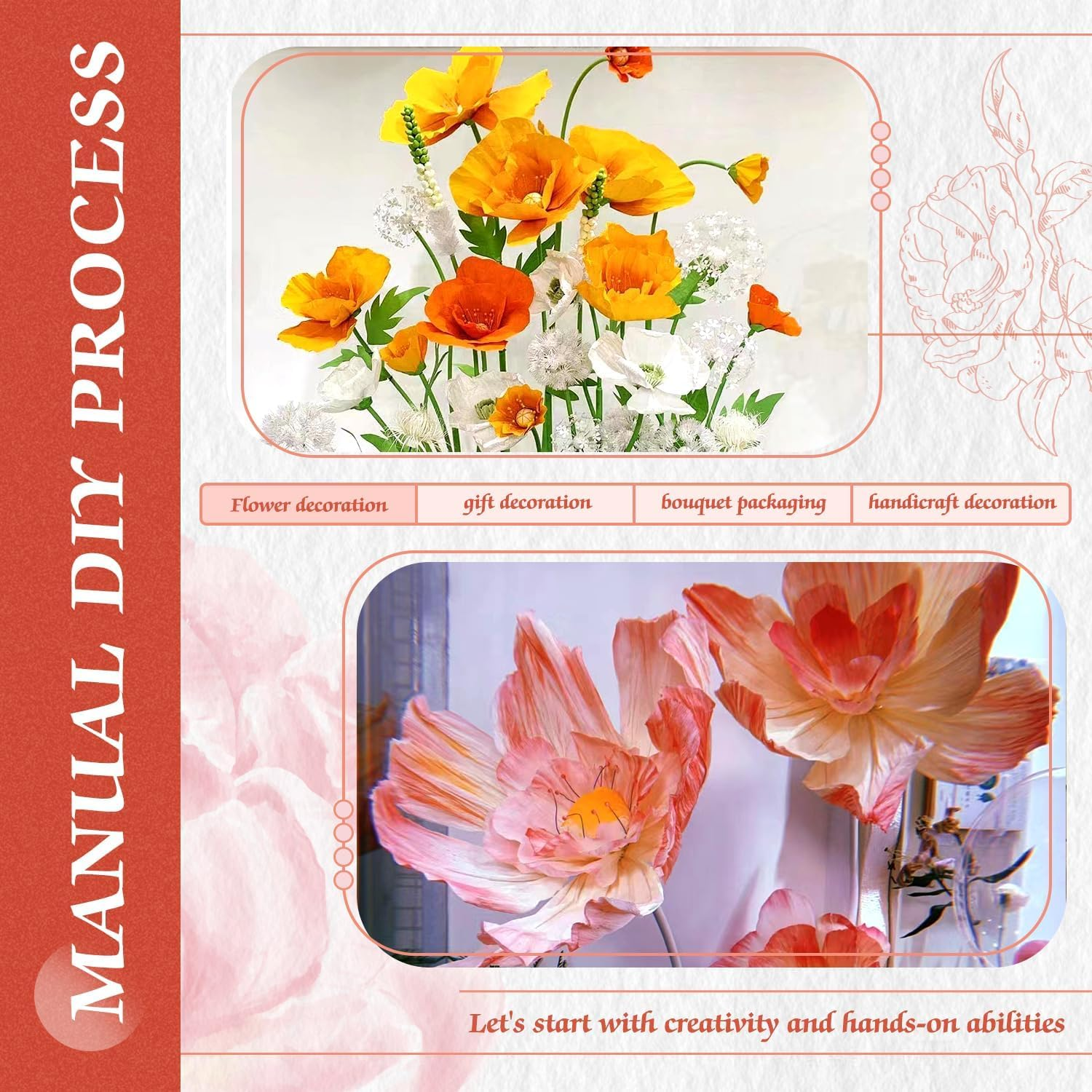 Crepe Paper - 6 Rolls, Red, 10 Inch Wide, Streamers, Flower Making Kits, Green Floral Tape and Floral Stem Wire for Wedding, Festival, Party, DIY Flower Crafts image number 2