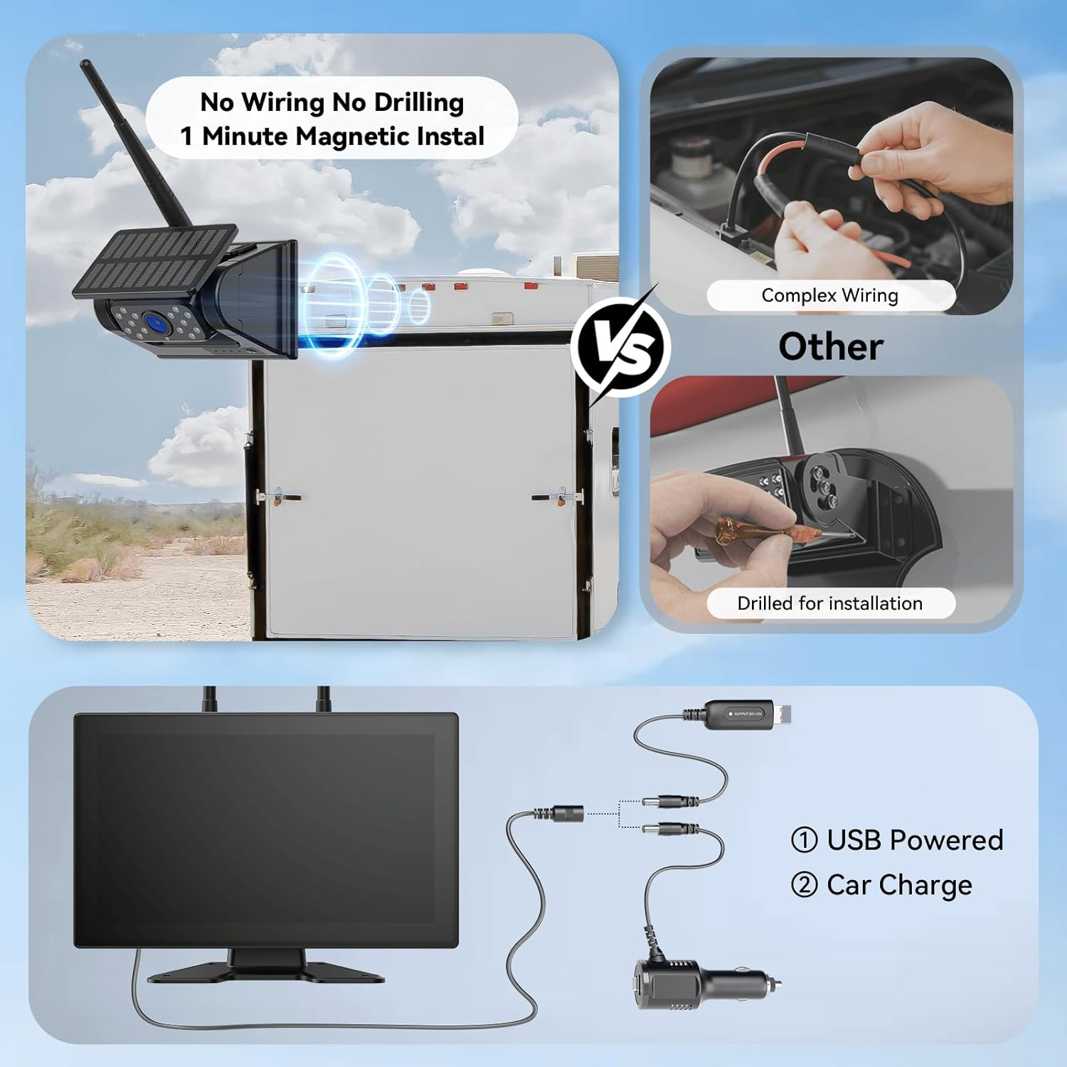 4 Magnetic Solar Wireless Backup Camera System: Easy Setup Trailer Camera Wireless with HD1080P 10.1" IPS Touchscreen 15,000Mah Rechargeable Camera for Truck,Tractor,Excavator,Caravan,Skid Steer image number 2