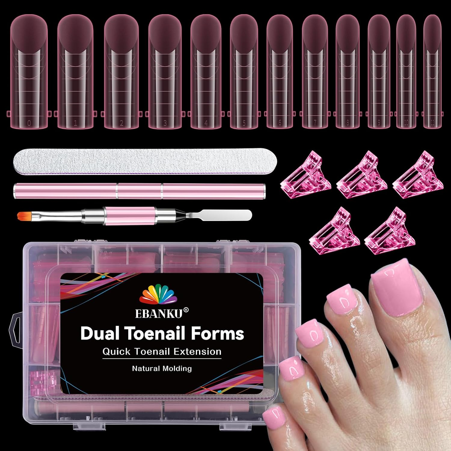 EBANKU 120 PCS Poly Gel Nail Forms for Toes, Long Square Dual Forms for Polygel Pedi Nail Extension Poly Gel Toenails Set Reusable Toe Nail Tips Mold, 12 Sizes