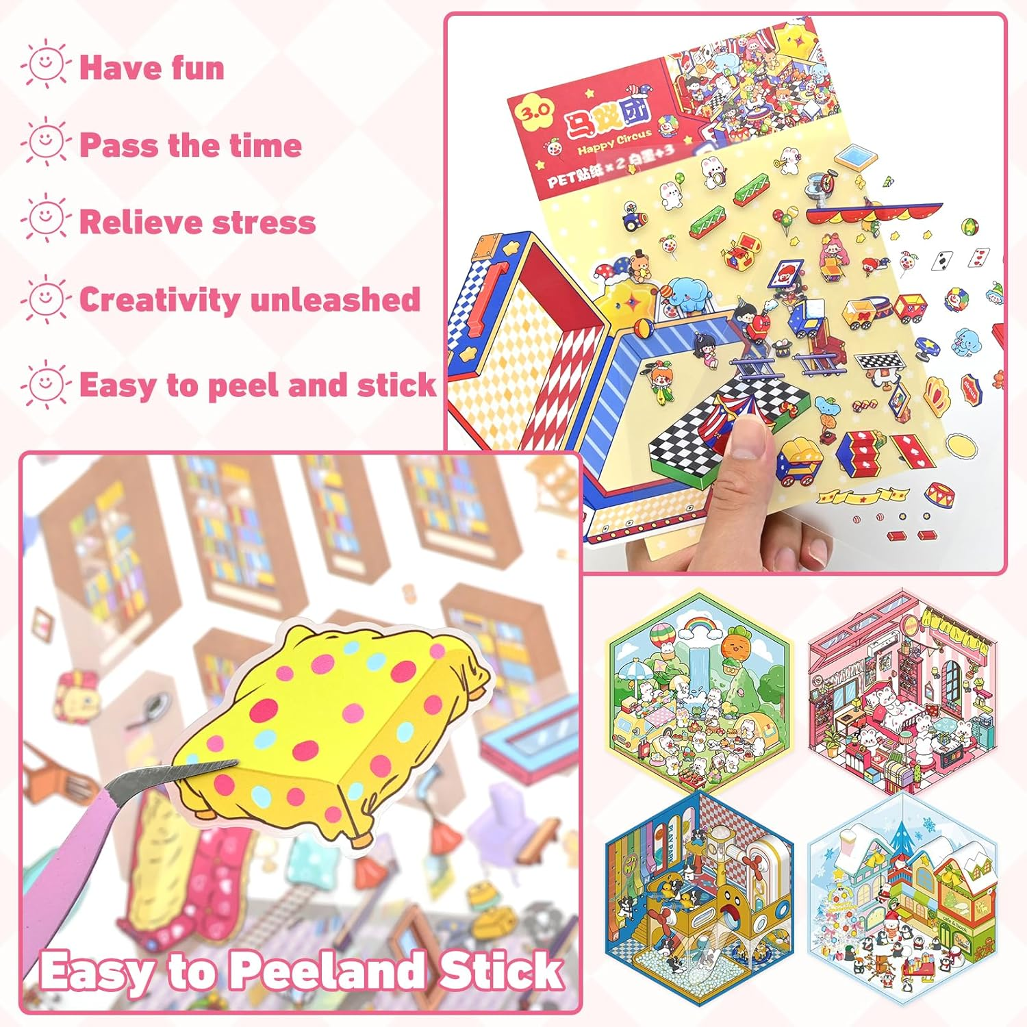 20 Sets DIY 3D Sticker Scene, Sticker Therapy for Adult Kids Make Your Own Scenes Miniature Room Cute Kawaii Cartoon Scene Stickers for Relief Stress Pass the Time image number 6