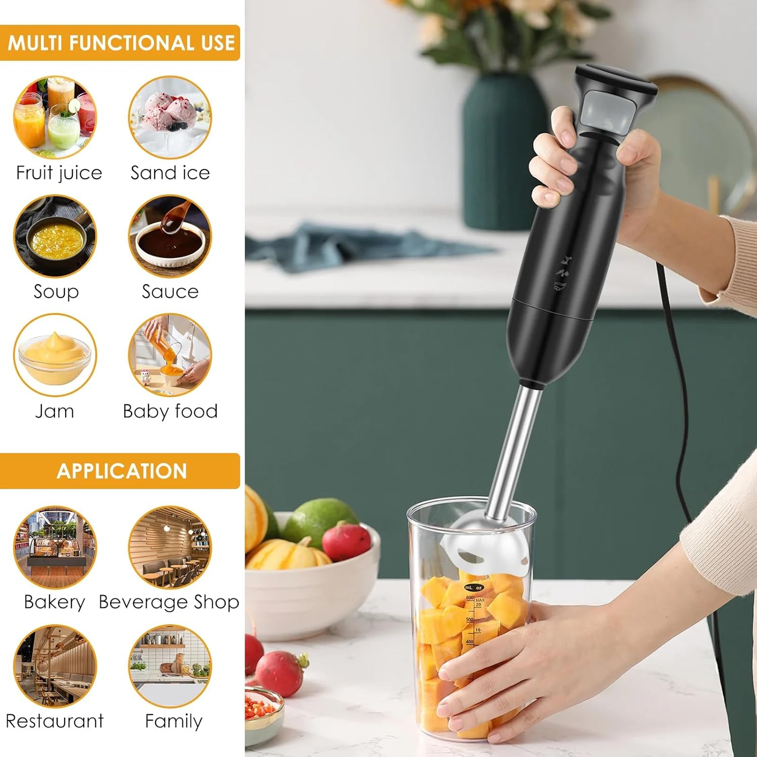 2025 6-In-1 Hand Blender Stick Blender Immersion Blender Handheld, Electric Hand Blenders for Kitchen with Stainless Steel Blade Hand Mixer & Chopper for Making Baby Food, Soups, Sauce(Au PLUG)