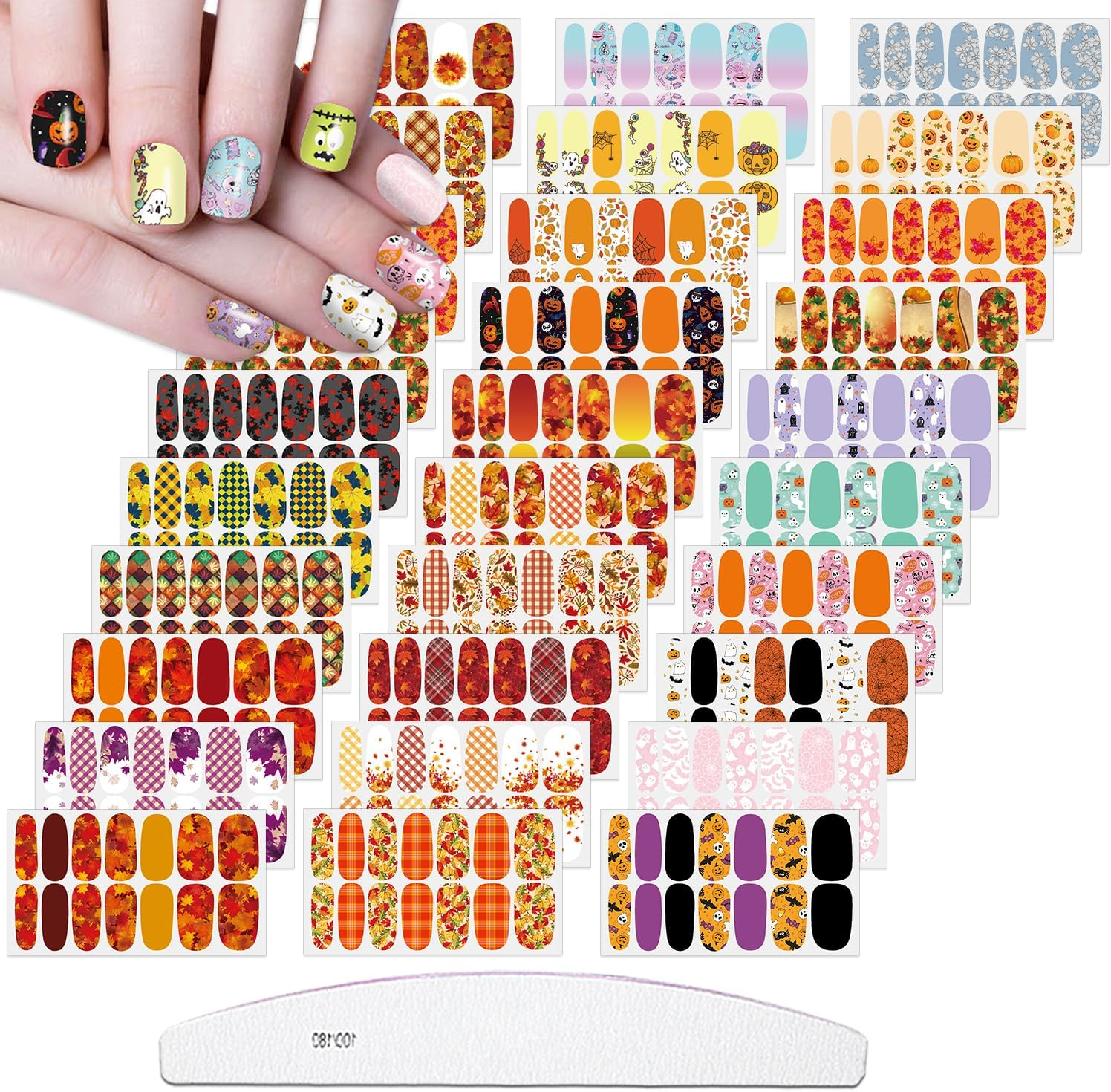 XEAOHESY 30 Sheets Halloween Nail Stickers with Nail File Halloween Nails Tape Strips for Design Halloween Nail Decals Press on Nail Polish Strips Stickers for Women Halloween Nail Art