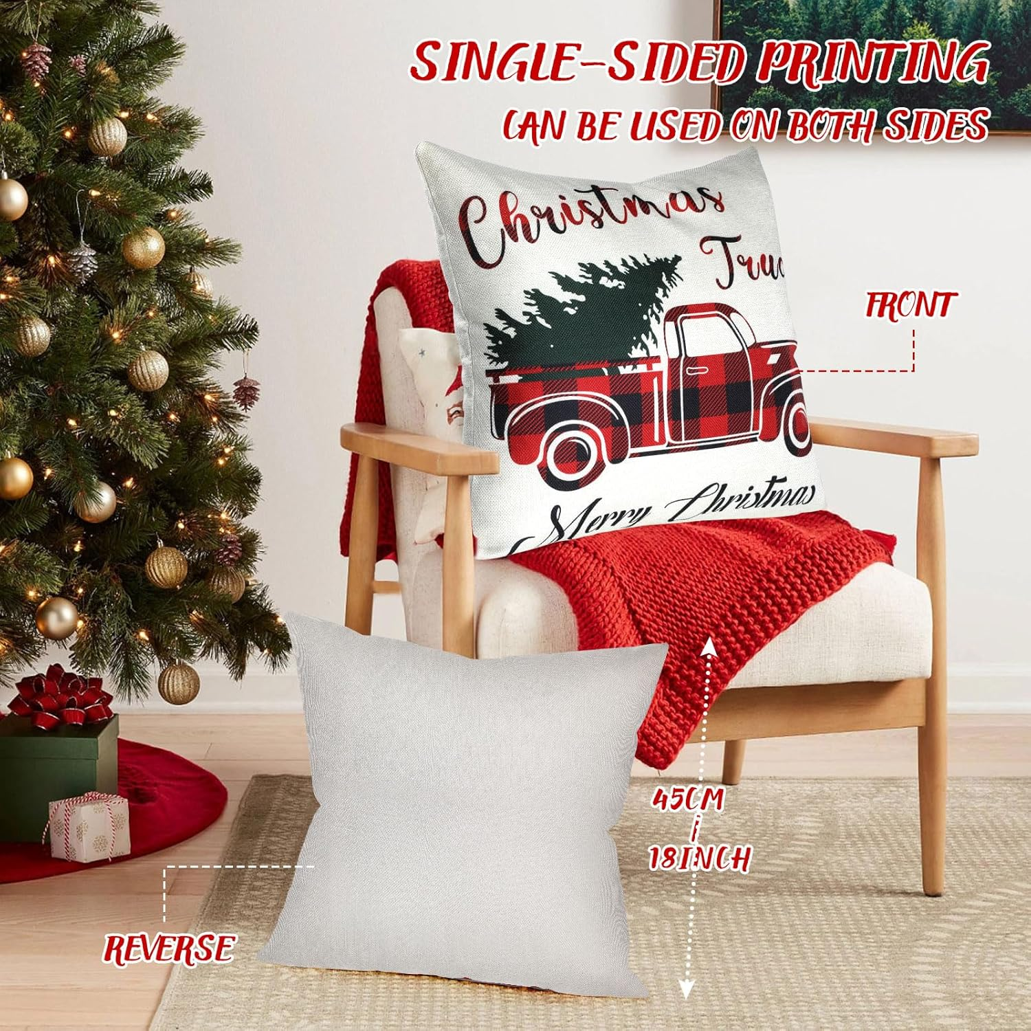 Bighan Christmas Pillow Covers, 18 X 18 Inch Throw Pillow Case Cushion Cover Linen Christmas Decorations, Red Plaid image number 4