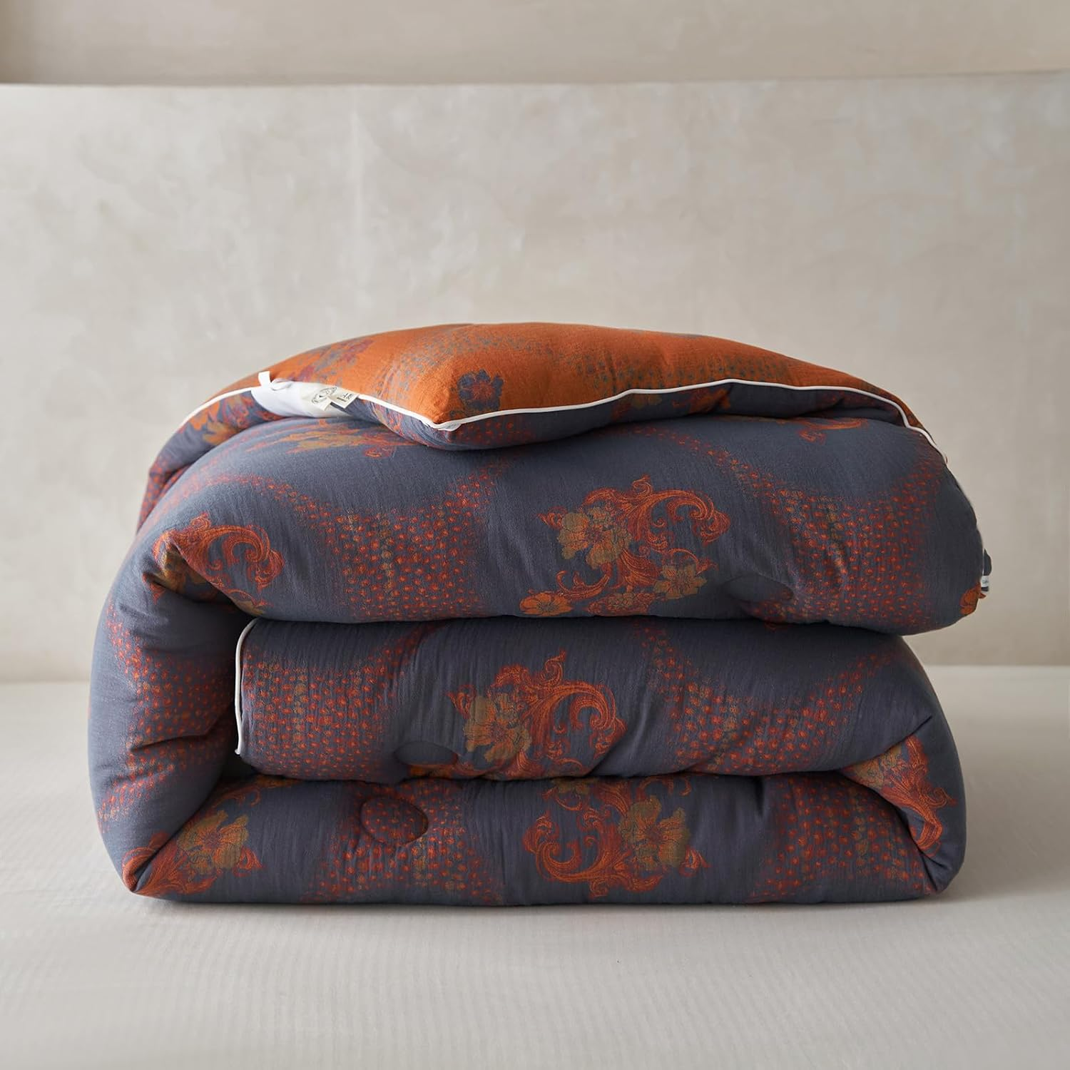 Mixinni Vintage Floral Comforter Set King Size, All Seasons Muslin Cotton Bedding Set, 3 Pieces Farmhouse Shabby Chic Jacquard Floral Comforter Set Perfect for Women and Men-Grayish Blue/Pumpkin image number 7