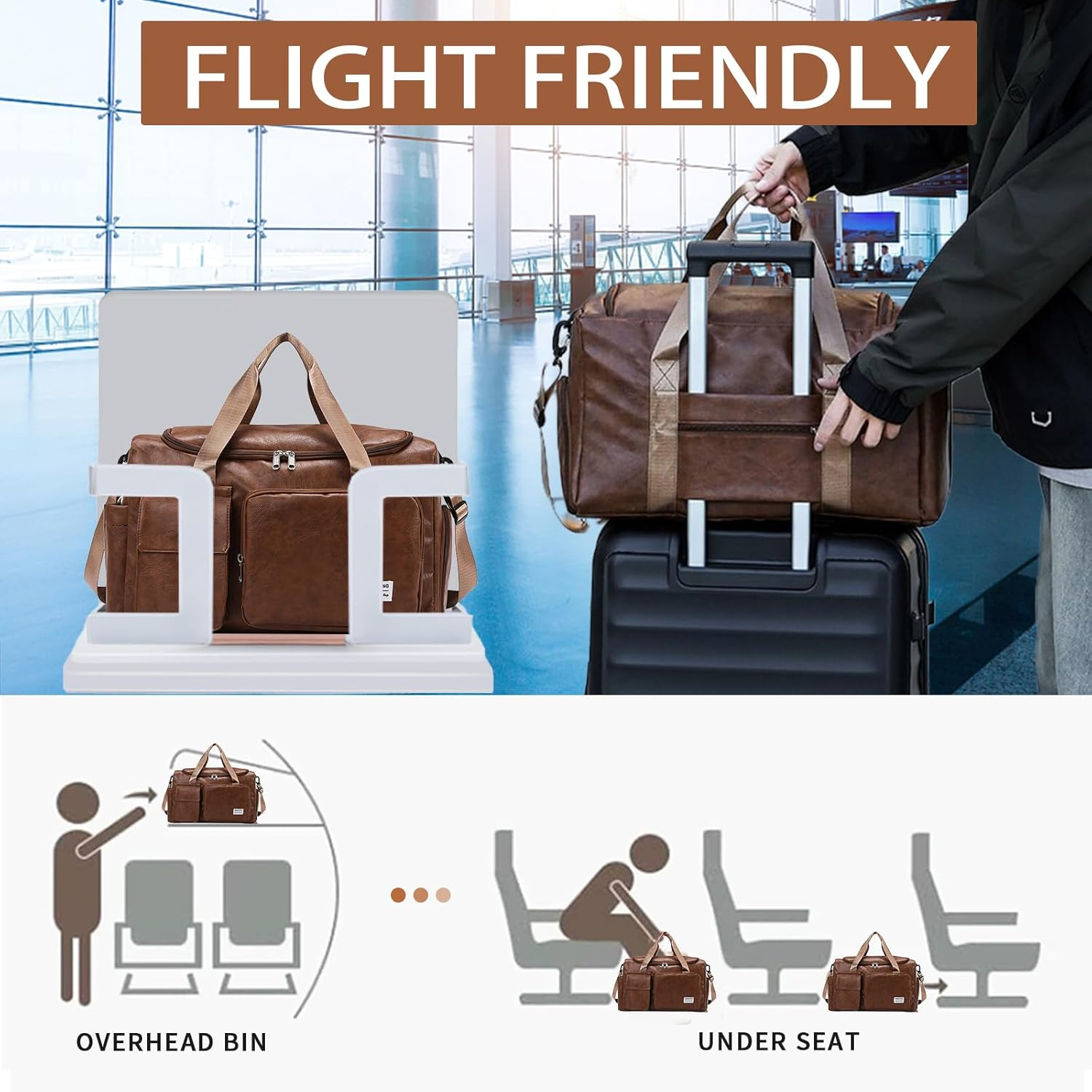 Small Leather Travel Bag with Shoe Pouch, Carry on Weekender Overnight Bag Waterproof Travel Duffel Bags Gym Bags for Men or Women, Brown image number 2