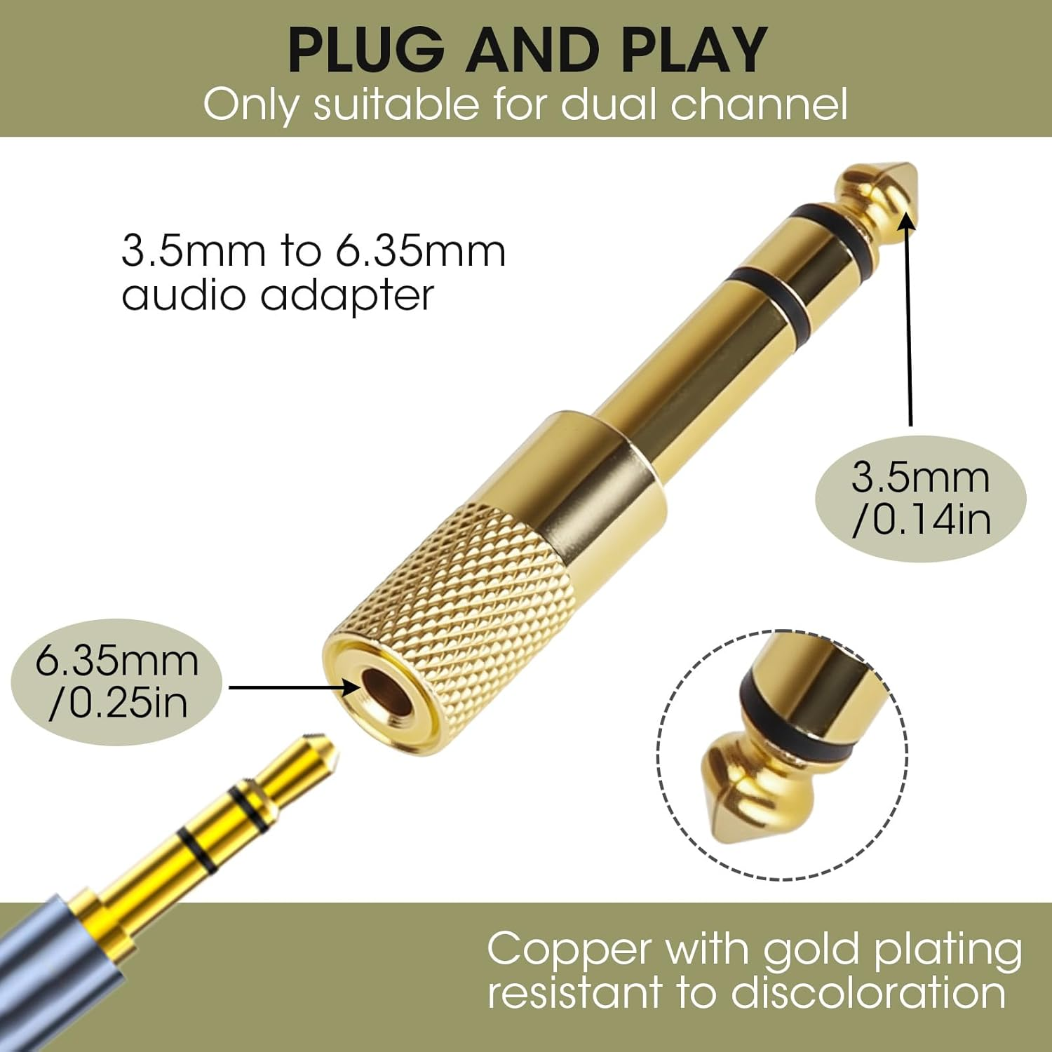 5 Pcs Dual Channel 6.35Mm (1/4 Inch) Male to 3.5Mm (1/8 Inch) Female Headphone Adapter, Stereo Audio Jack Adapter for Speaker Amp Headphone for Music Lover Home Video User(Not Supported Mono