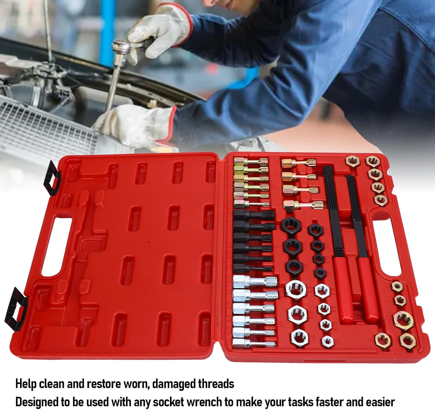 Thread Chaser Set 48Pcs Thread Repair Kit,Unc/Unf/Metric Thread Restoring Files Tap and Die Kit,With 24 Rethreading Dies,22 Rethreading Taps,2 SAE Thread Files Thread Restorer,For Most Metals image number 6