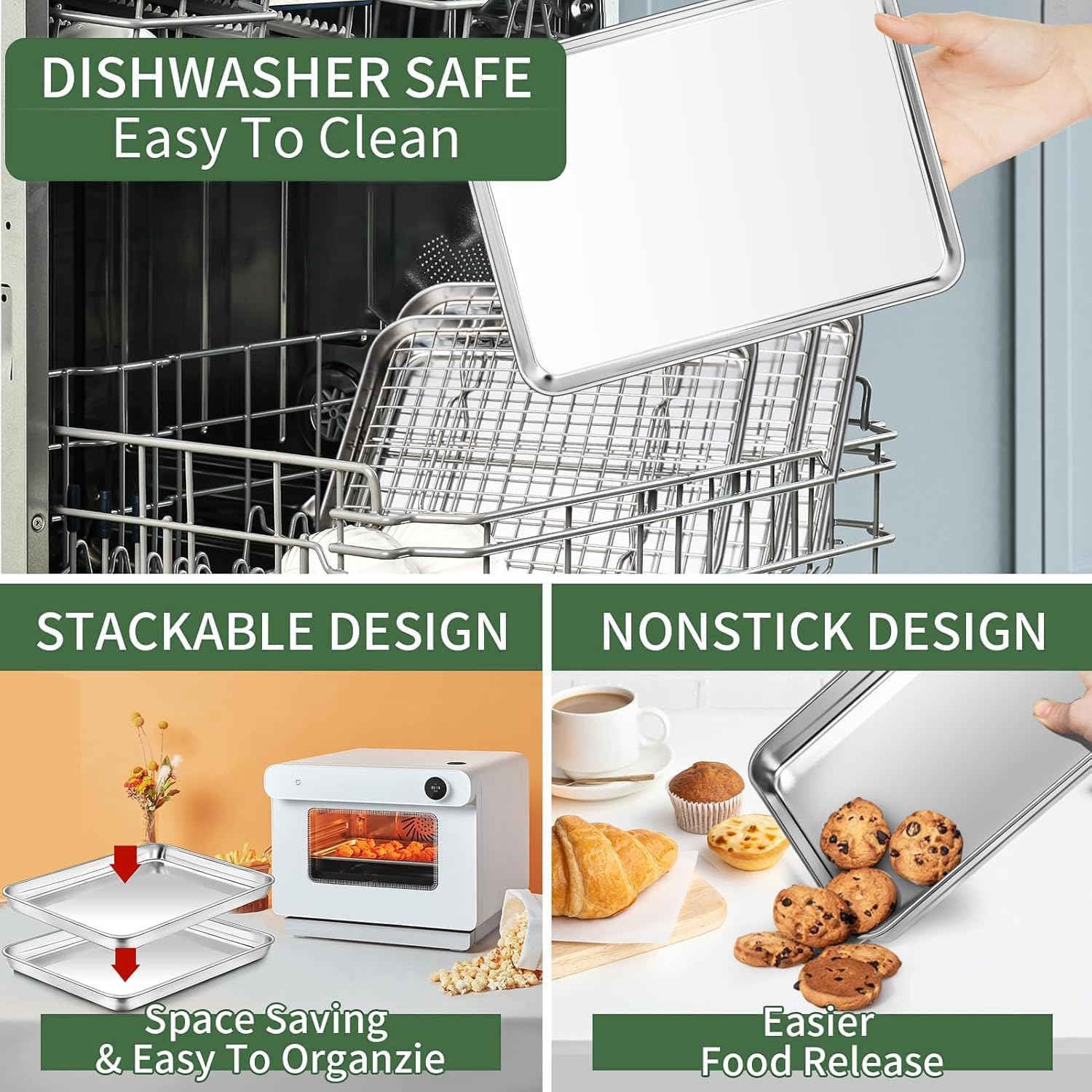 Baking Tray with Wire Rack Set, Stainless Steel Cake Pan Cookie Sheet Rectangle Bakeware Set with Cooling Rack for Oven, Healthy & Heavy Duty, Sturdy & Dishwasher Safe(2 Pans + 2 Racks) image number 2