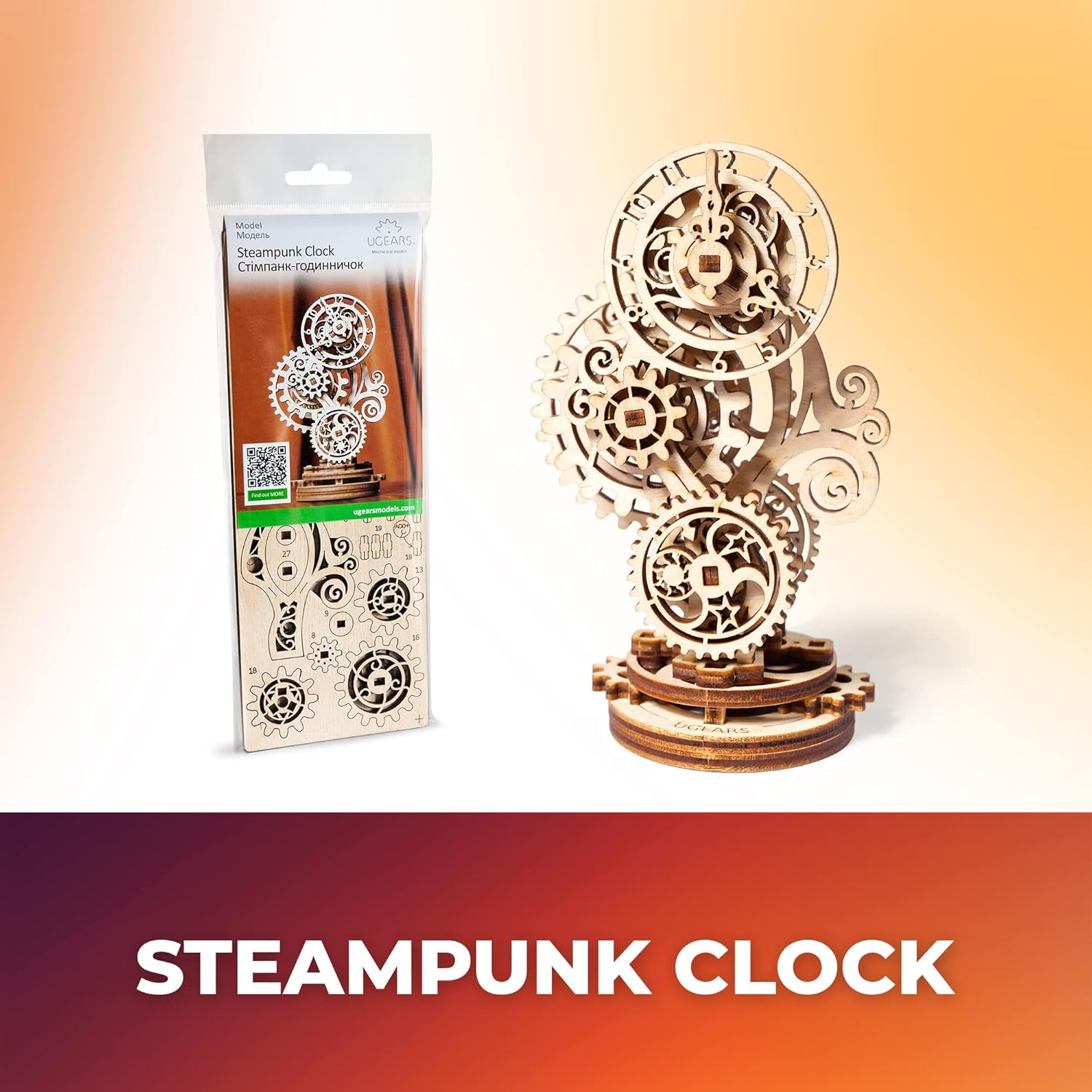 Steampunk Clock Ugears 3D Mechanical Model, Self-Assembling DIY Craft Set, Wooden Box School Project image number 1