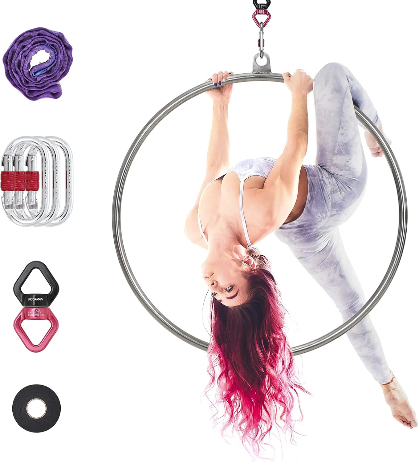 PRIORMAN Lyra Hoop Aerial Hoop Set with Rigging Hardware Single Stainless Steel Hoop Circus Hoop Great for Dancing Studio, Aerial Fitness