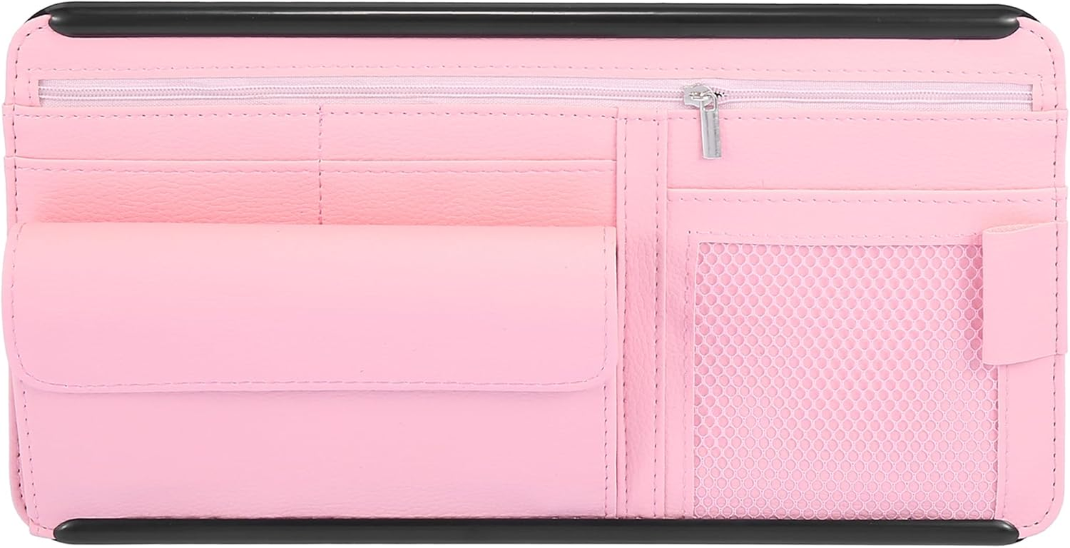 X AUTOHAUX Beige Universal Car Sun Visor Organizer Sunglasses Case Storage Pocket Hook and Loop Tape ABS PU Leather for SUV RV Truck