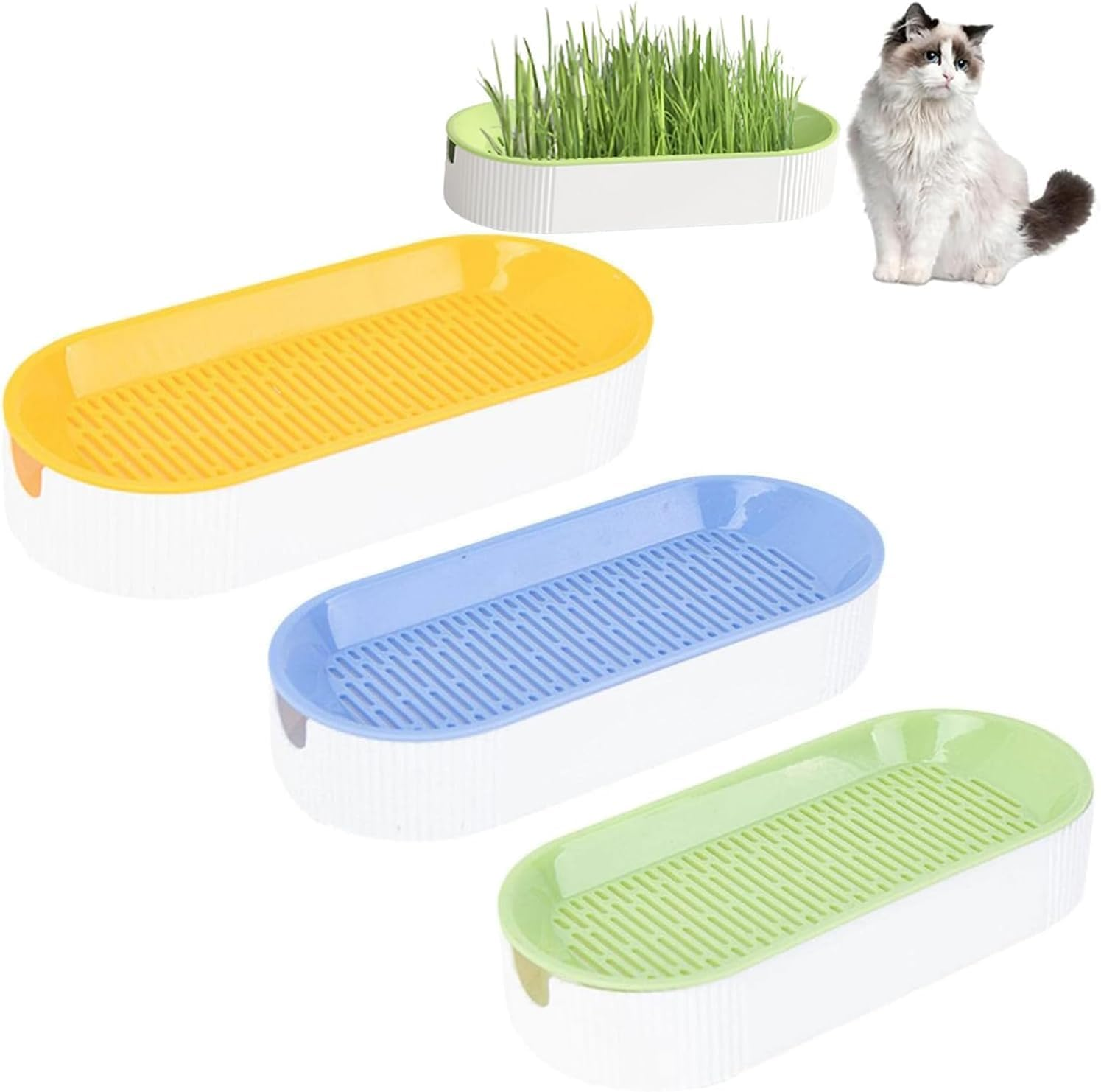 3 Pcs Hydroponic Cat Grass Planter, Seed Sprouter Tray Soil-Free Big Capacity Healthy Wheatgrass Grower Sprouting Container Kit for Kitten - Extra 15 Packs of Seeds image number 4