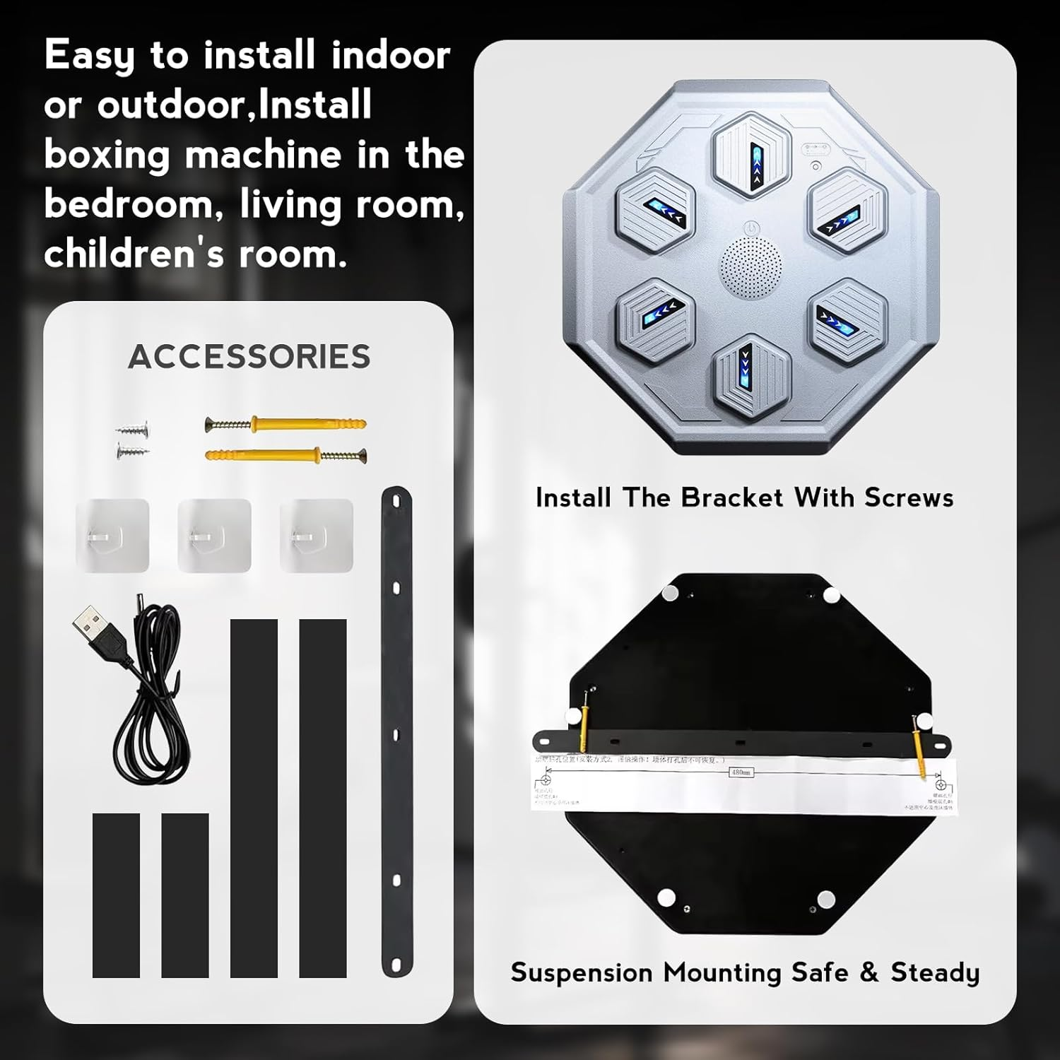 Youngly Smart Music Boxing Machine Can Connect to Bluetooth Boxing Traing Machine for Focus Agility Training Wall Mounted Punching Equipment with LED Lighting Effect/Grey image number 2