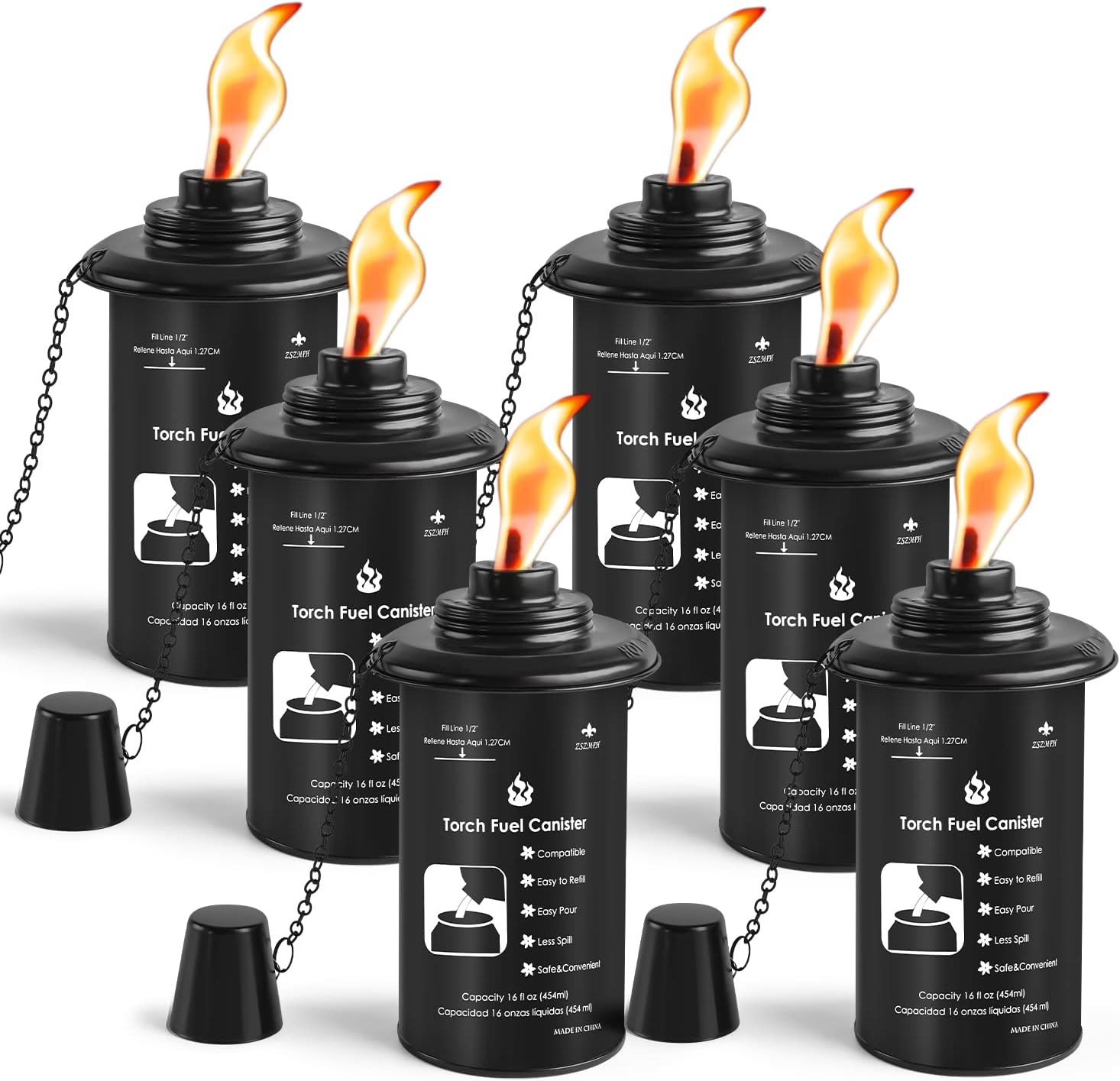 ZSZMFH 16Oz Torch Canisters, 6 Pack Bamboo Torch Refillable Replacement Canister, Outdoor Citronella Fuel Torch Canister with Wicks and Covers,For Luau Party, DIY Garden Decor.