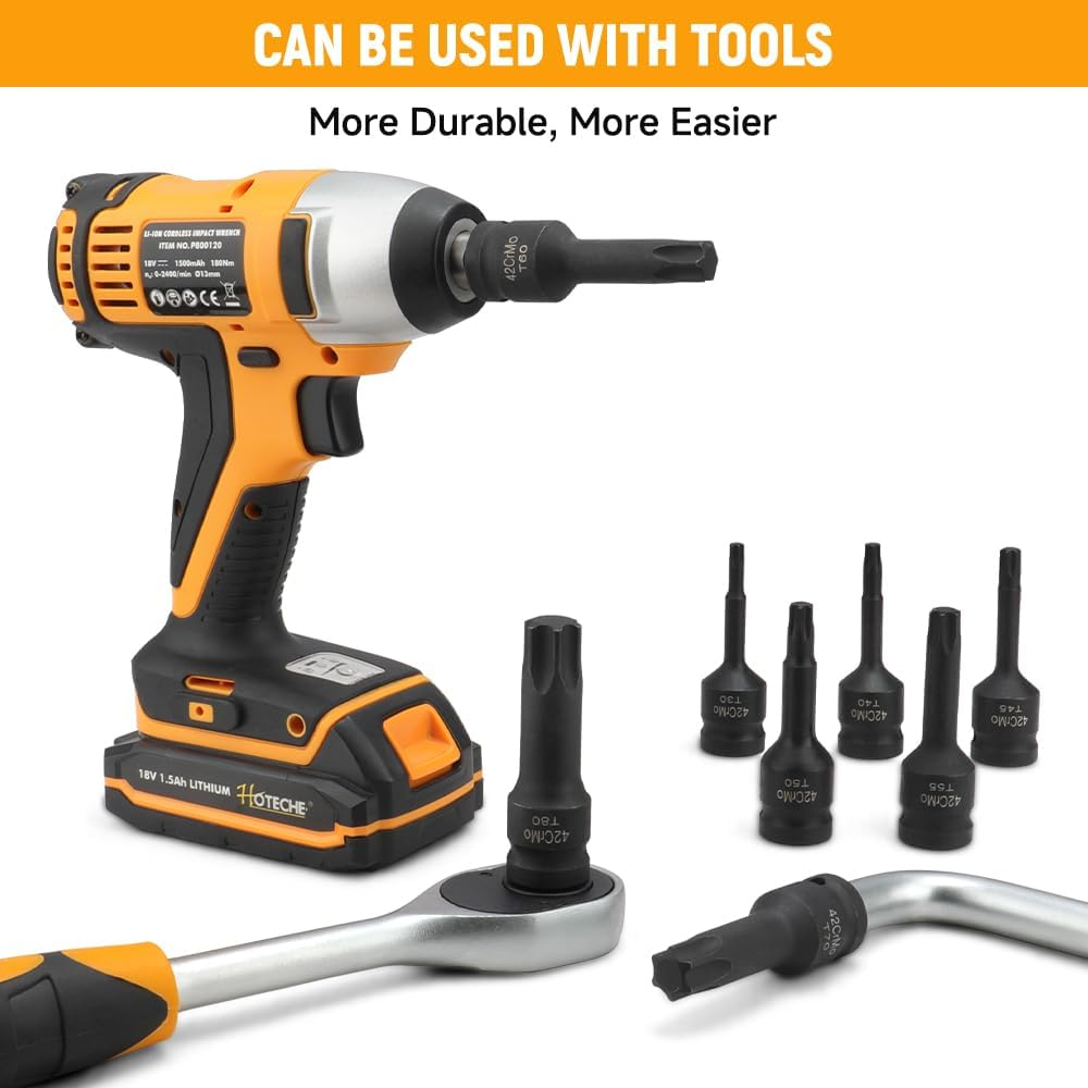 Hoteche 8PC 1/2 Inch DR Impact Wrench Torx Socket Set, T30-T80, CR-MO Material, Black Phosphate Coating, Includes Blow Mould Box - Power Bit Socket Set for Professional Applications